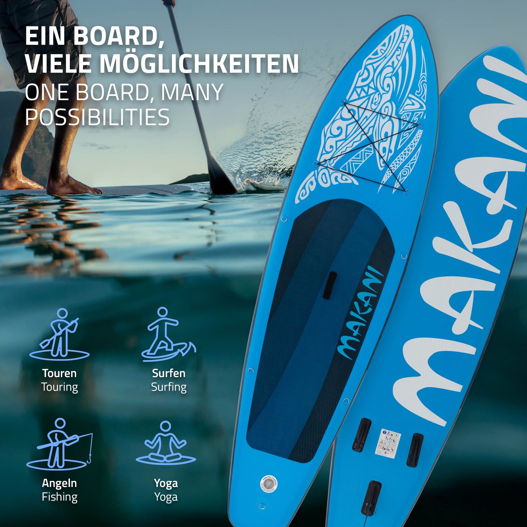 Stand Up Paddle Board in blau mit Nutzungsmöglichkeiten und Symbolen.
