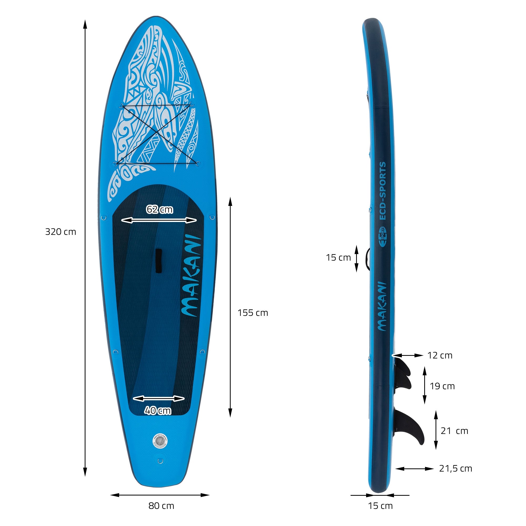 Seitenansicht eines blauen Stand-Up-Paddle-Boards mit Maßen und Design.