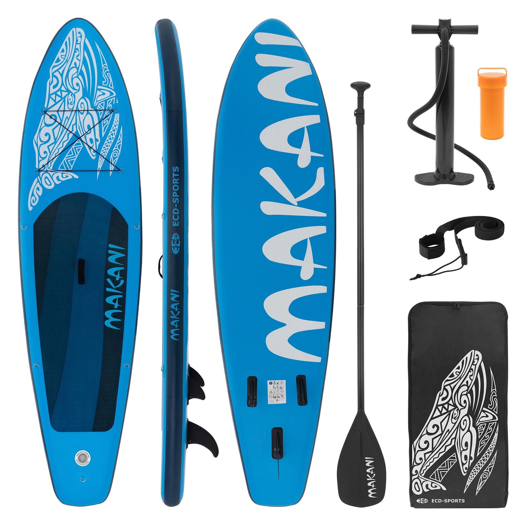Blauwe stand-up paddleboard met accessoires: pomp, peddel en draagtas.
