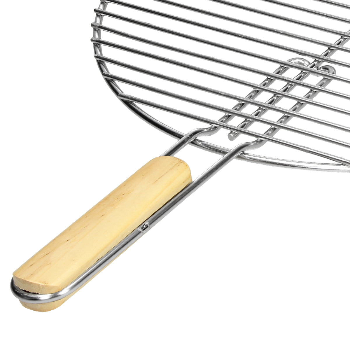 Grillrooster van roestvrij staal met een houten handvat.