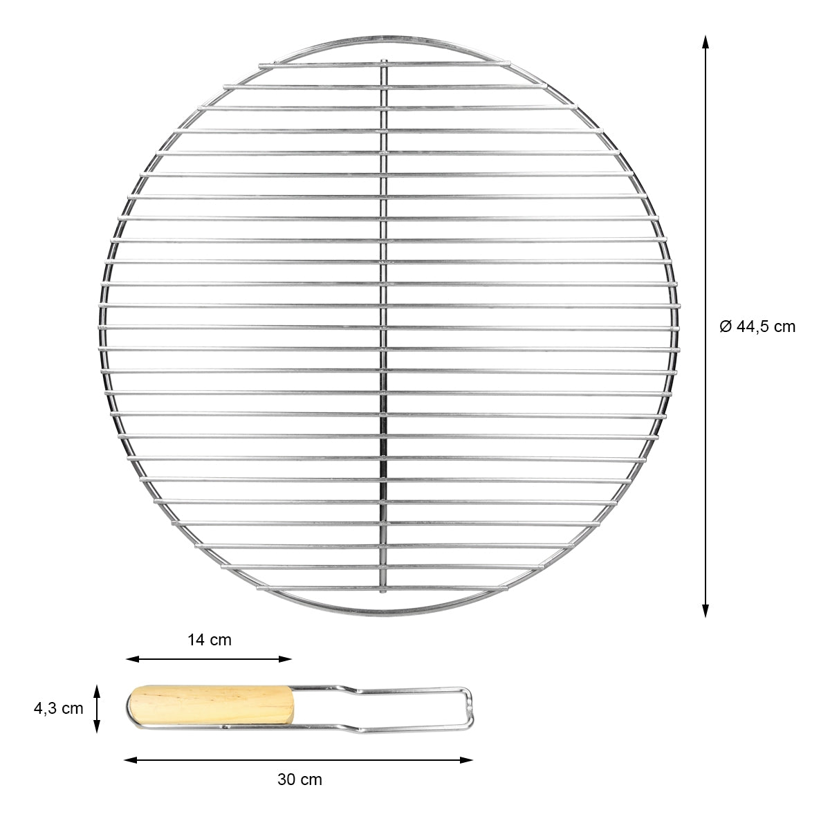 Rond grillrooster met een diameter van 44,5 cm en een houten handvat.