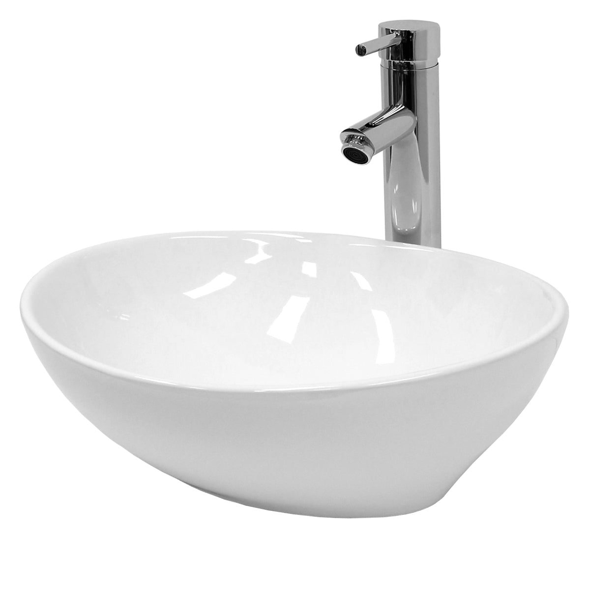 Runde, weiße Waschschüssel mit glänzendem Wasserhahn.