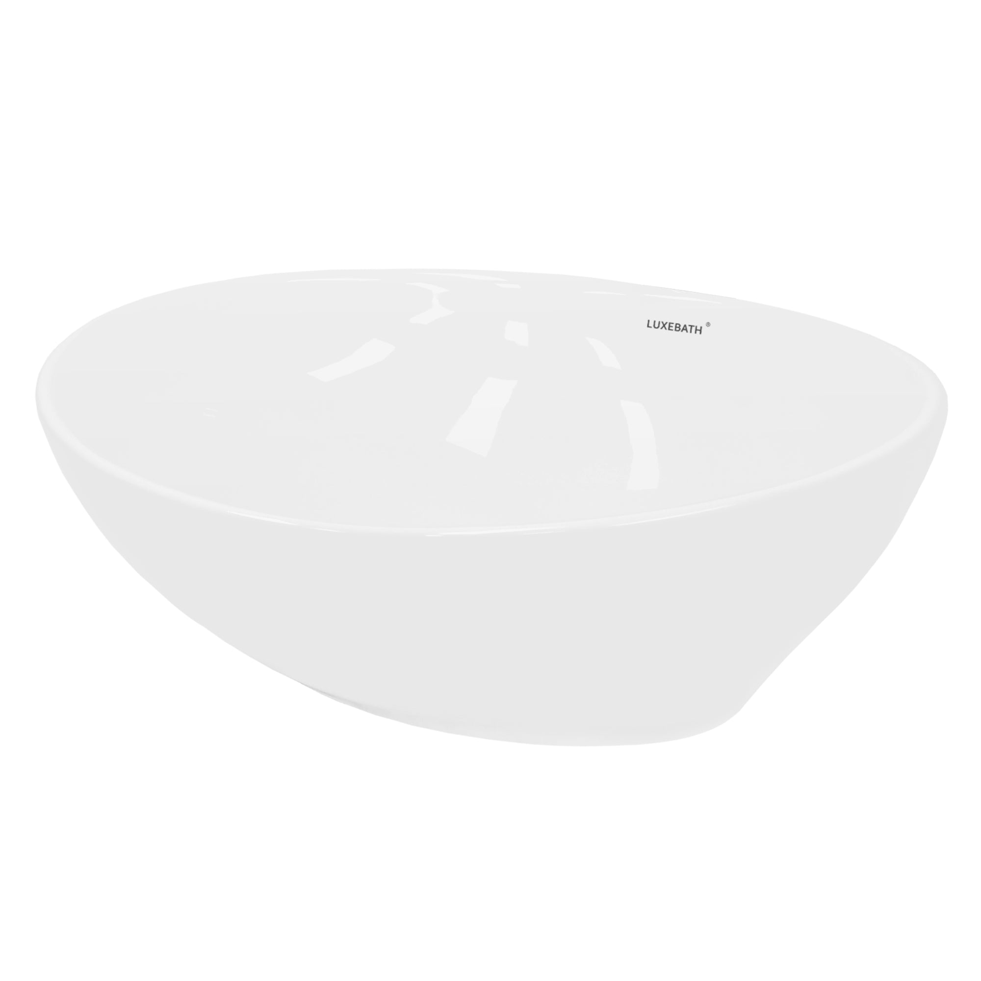 Hvid, oval vaskeskål på en hvid baggrund.