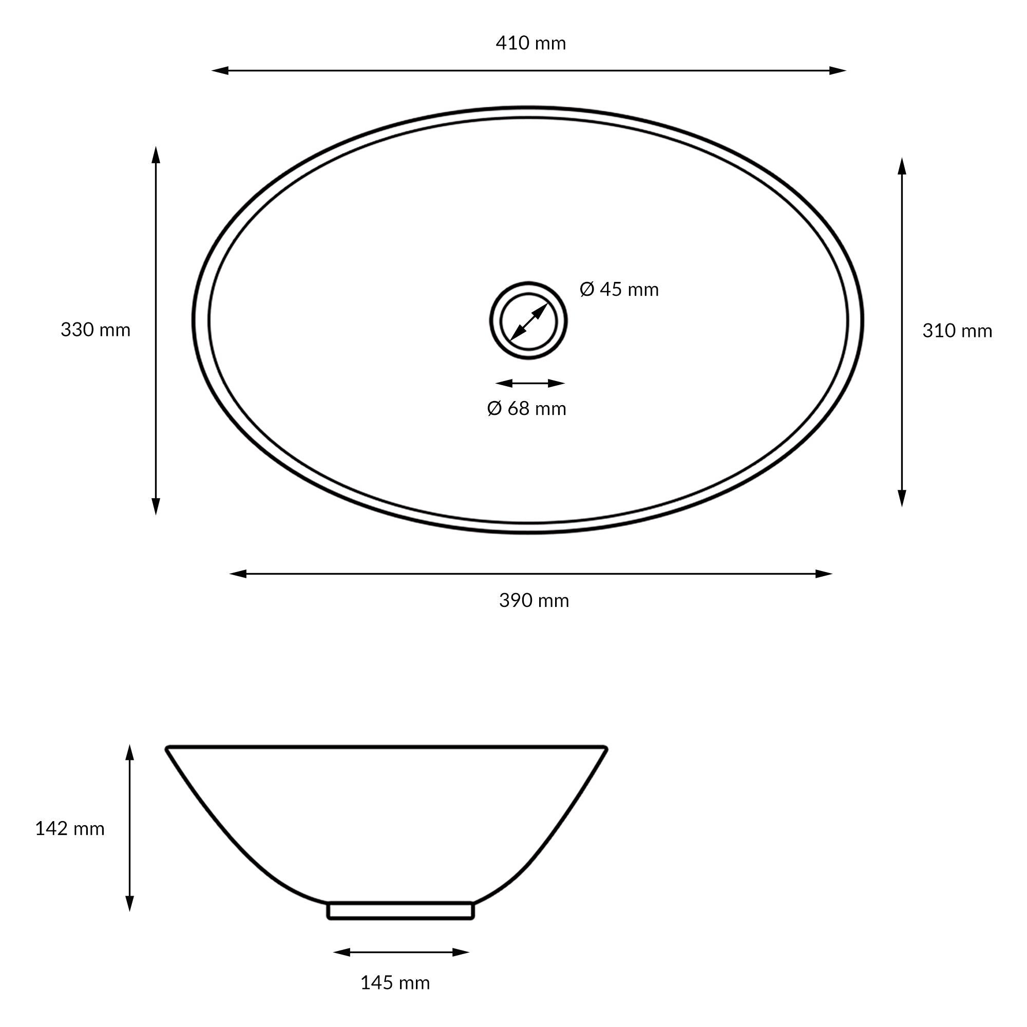 Technical drawing of an oval wash basin with dimensions.