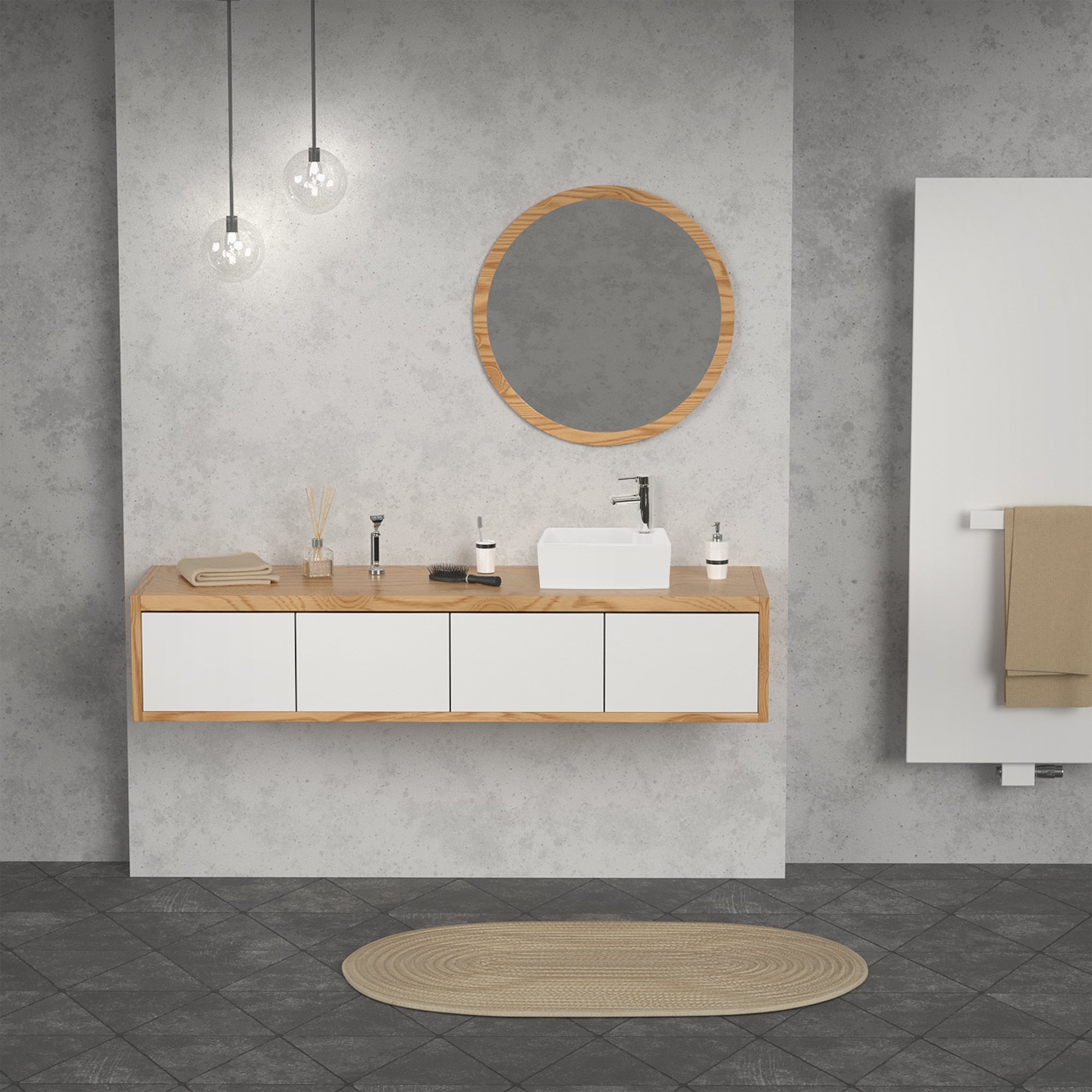 Moderne Badezimmeransicht mit Holzwaschtisch, Spiegel und runder Lampe.