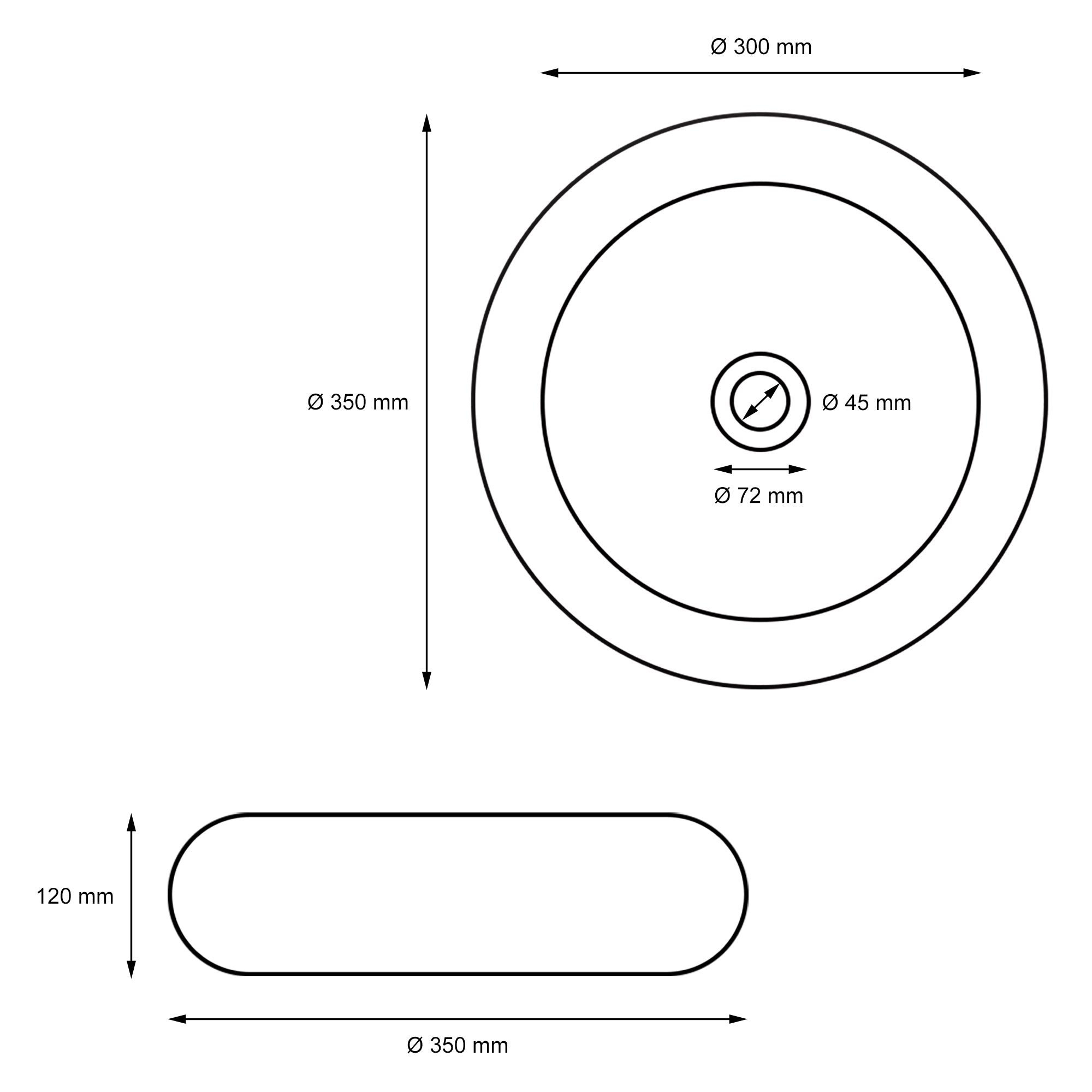 Technical drawing of a round sink with dimensions.