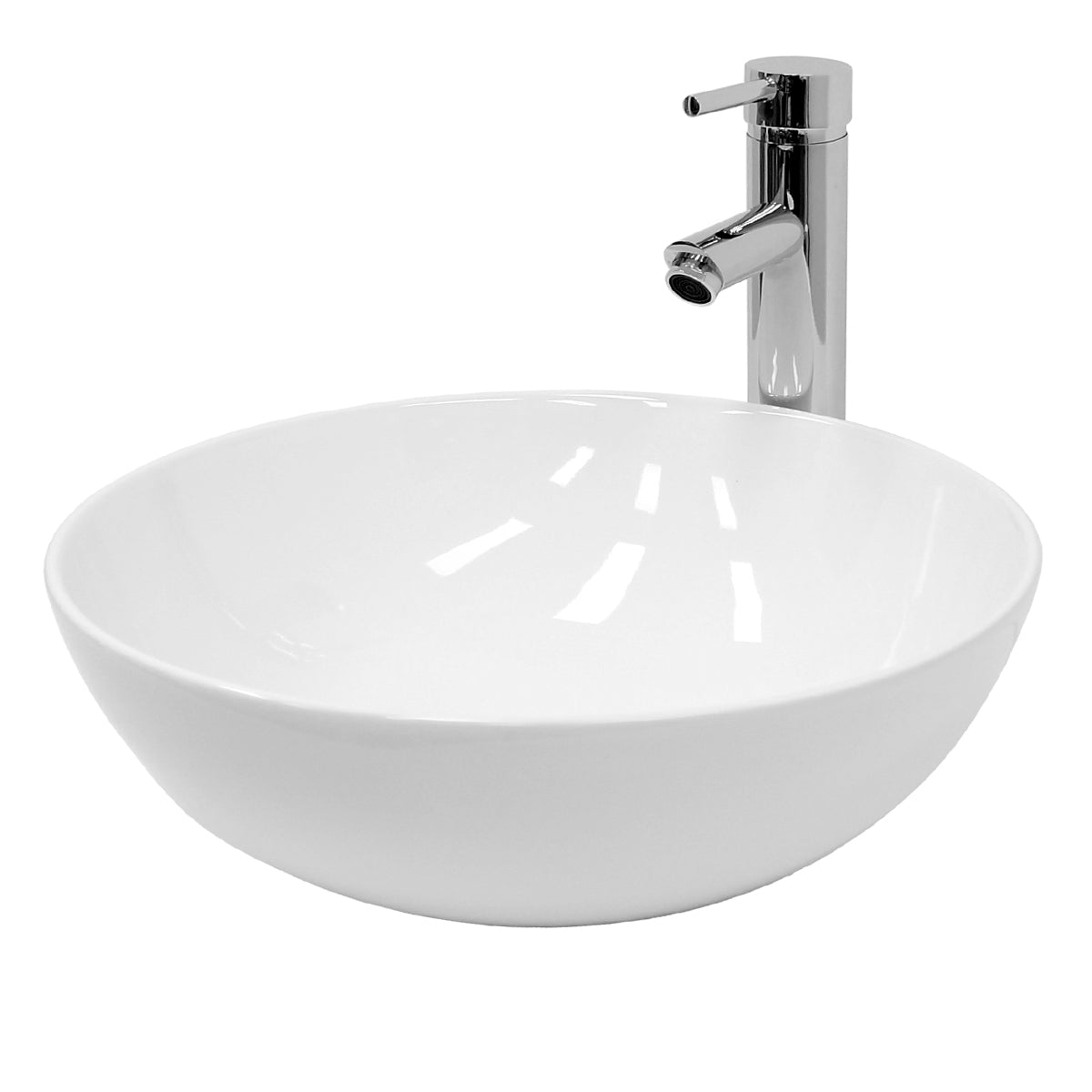 Lavabo rotondo bianco con un rubinetto moderno.