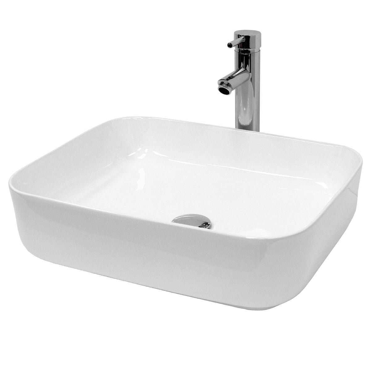 Lavabo rettangolare in materiale bianco su uno scaffale in legno.