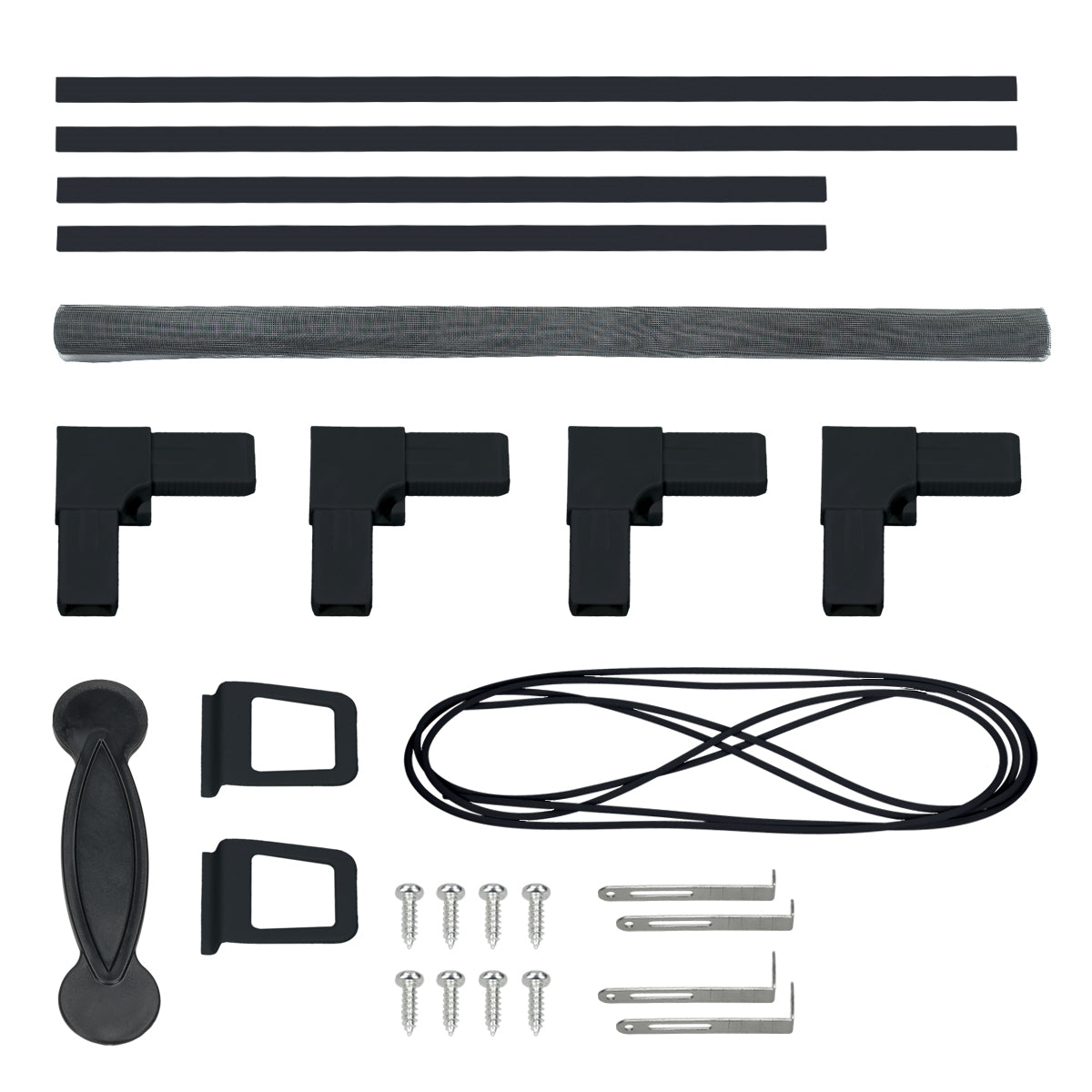 Accesorios para mosquiteras, incluyendo soportes y tornillos.
