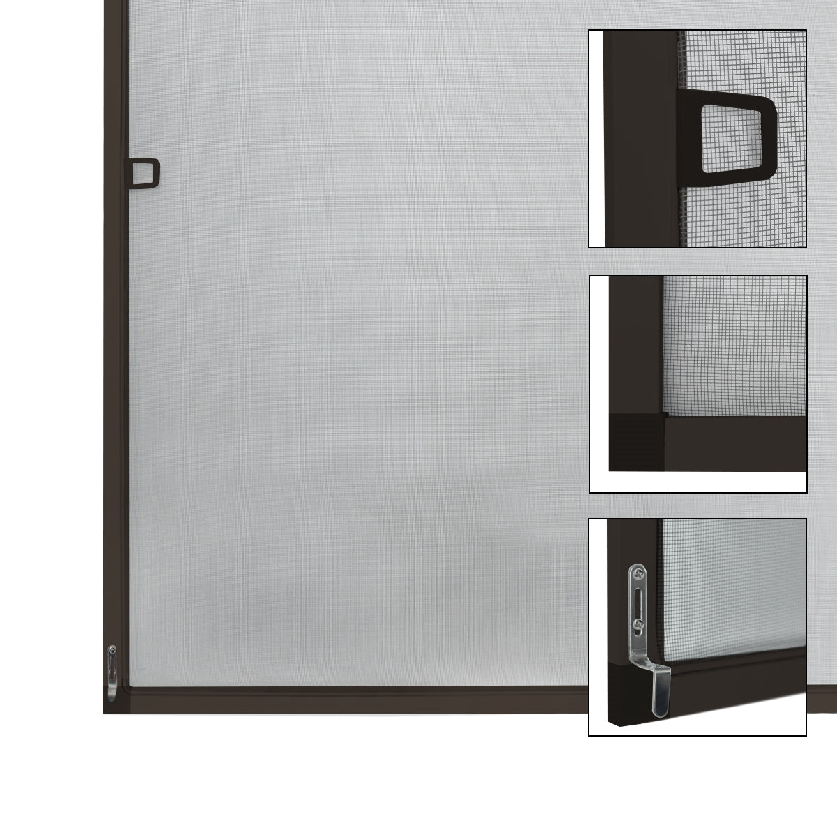Brown insect screen with handle and side closing mechanism.