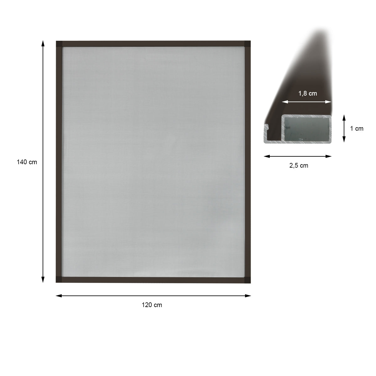 Brun ramme med dimensioner 120 cm x 140 cm.