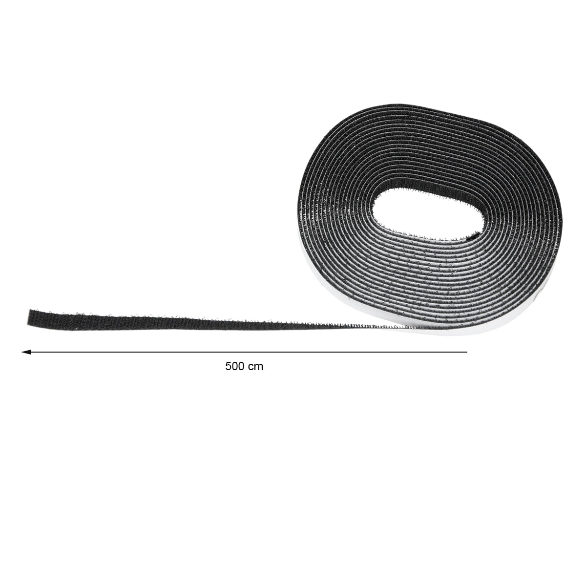 Ein schwarzes Klettband auf einer Rolle mit einer Länge von 500 cm.