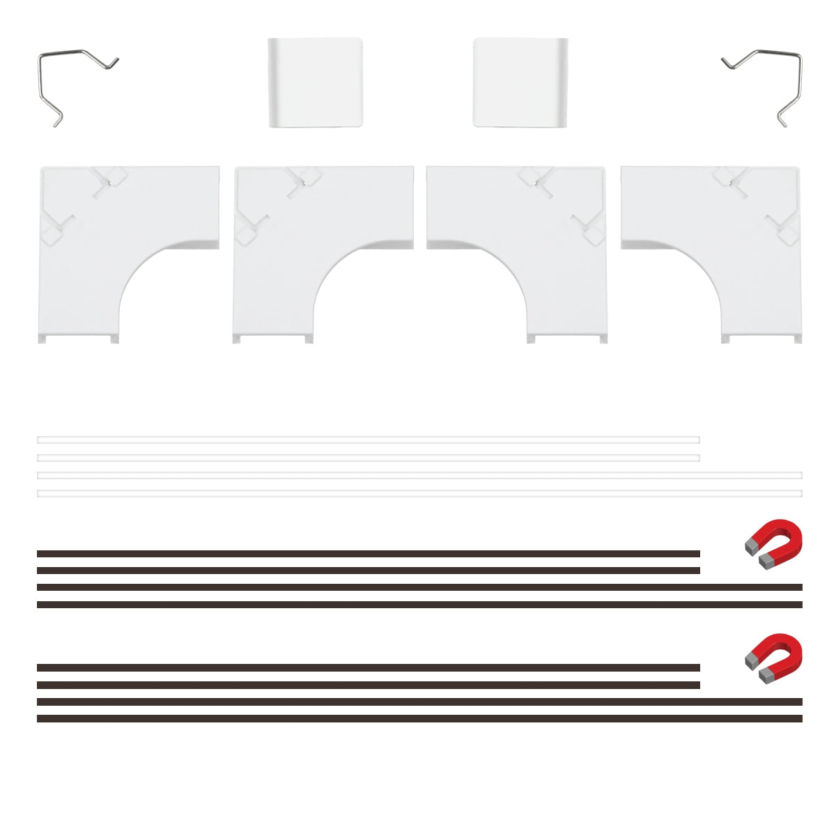 Various white plastic parts and magnetic strips on a white background.