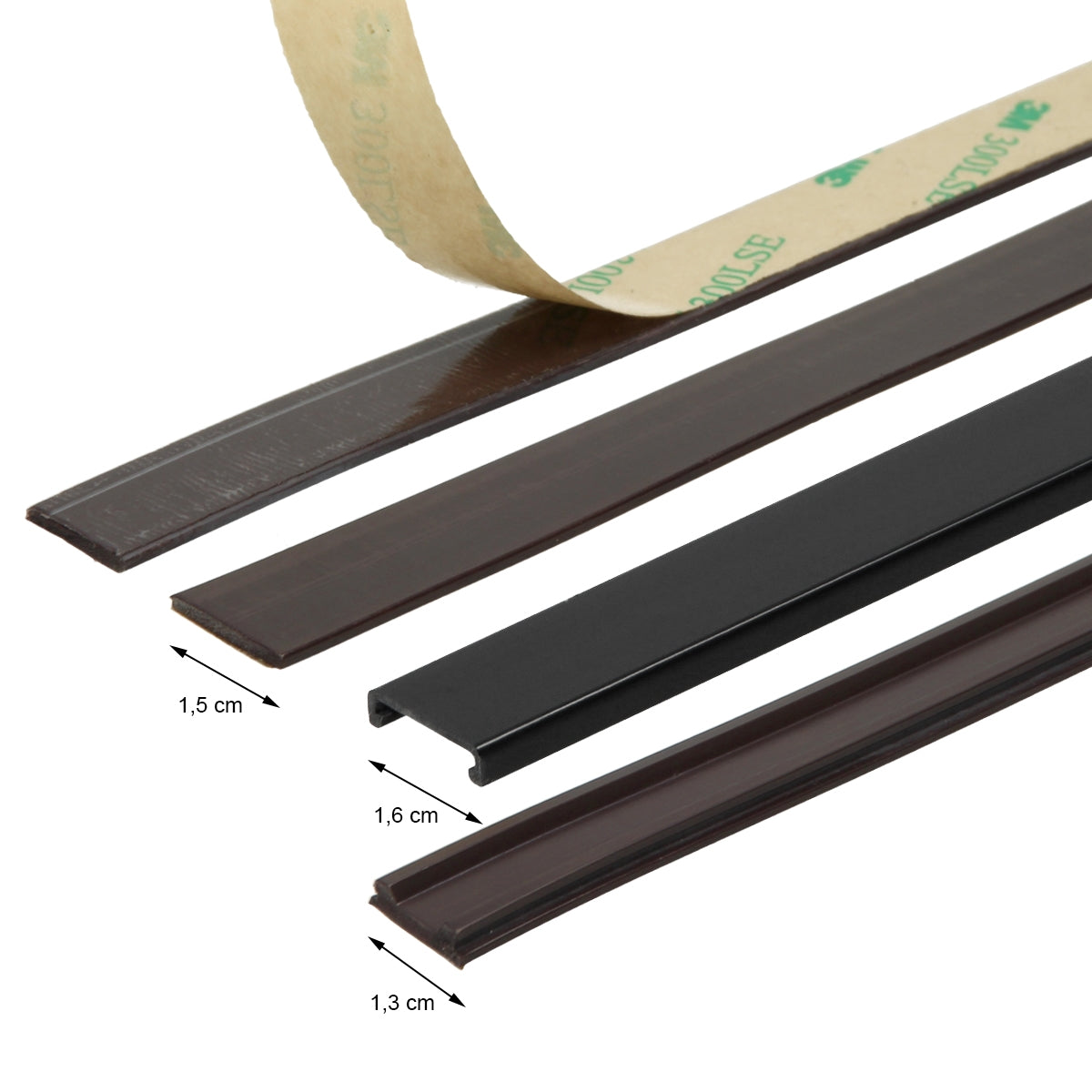 Various plastic profiles in brown and black, with measurements.