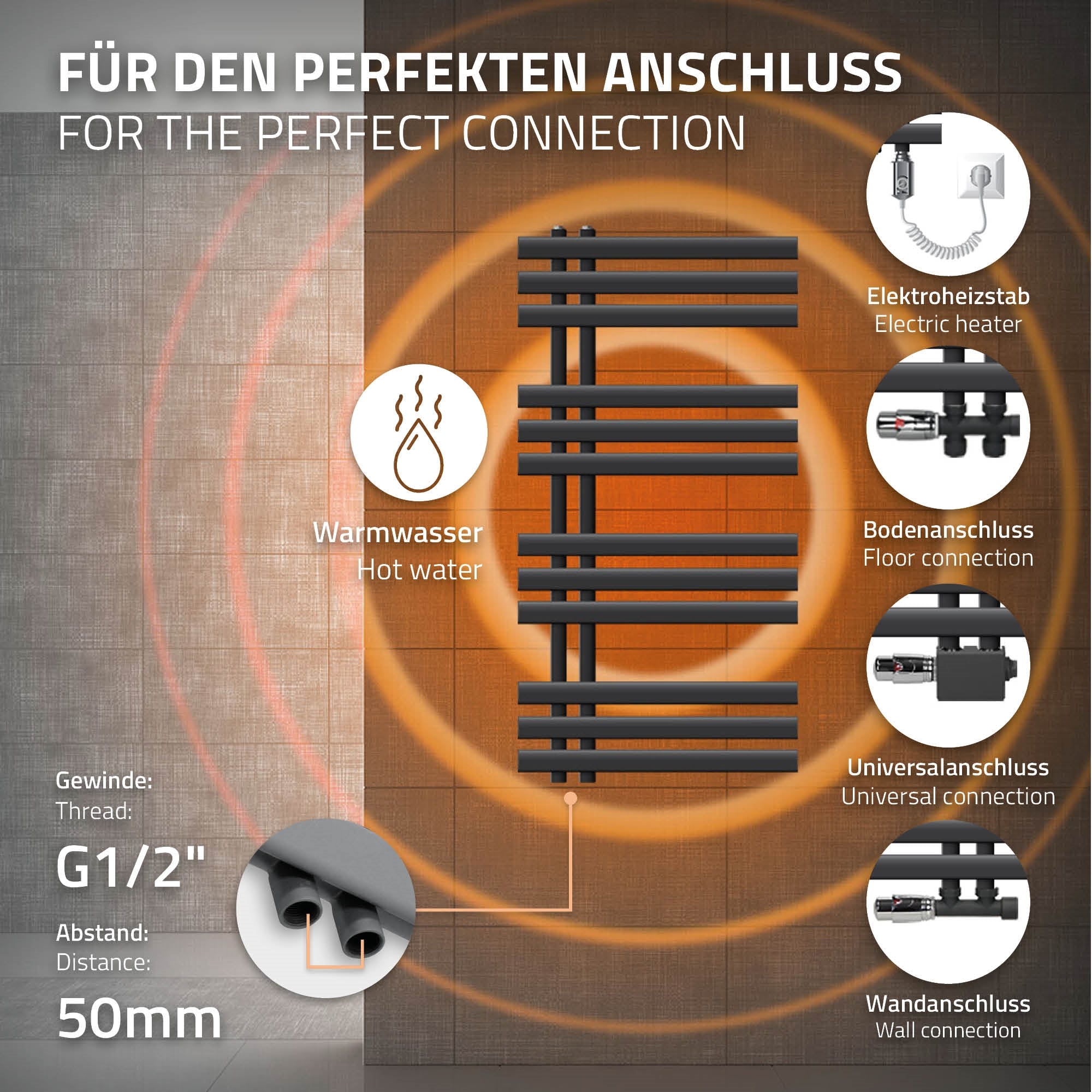 Radiateur avec des détails de connexion et une résistance électrique anthracite.