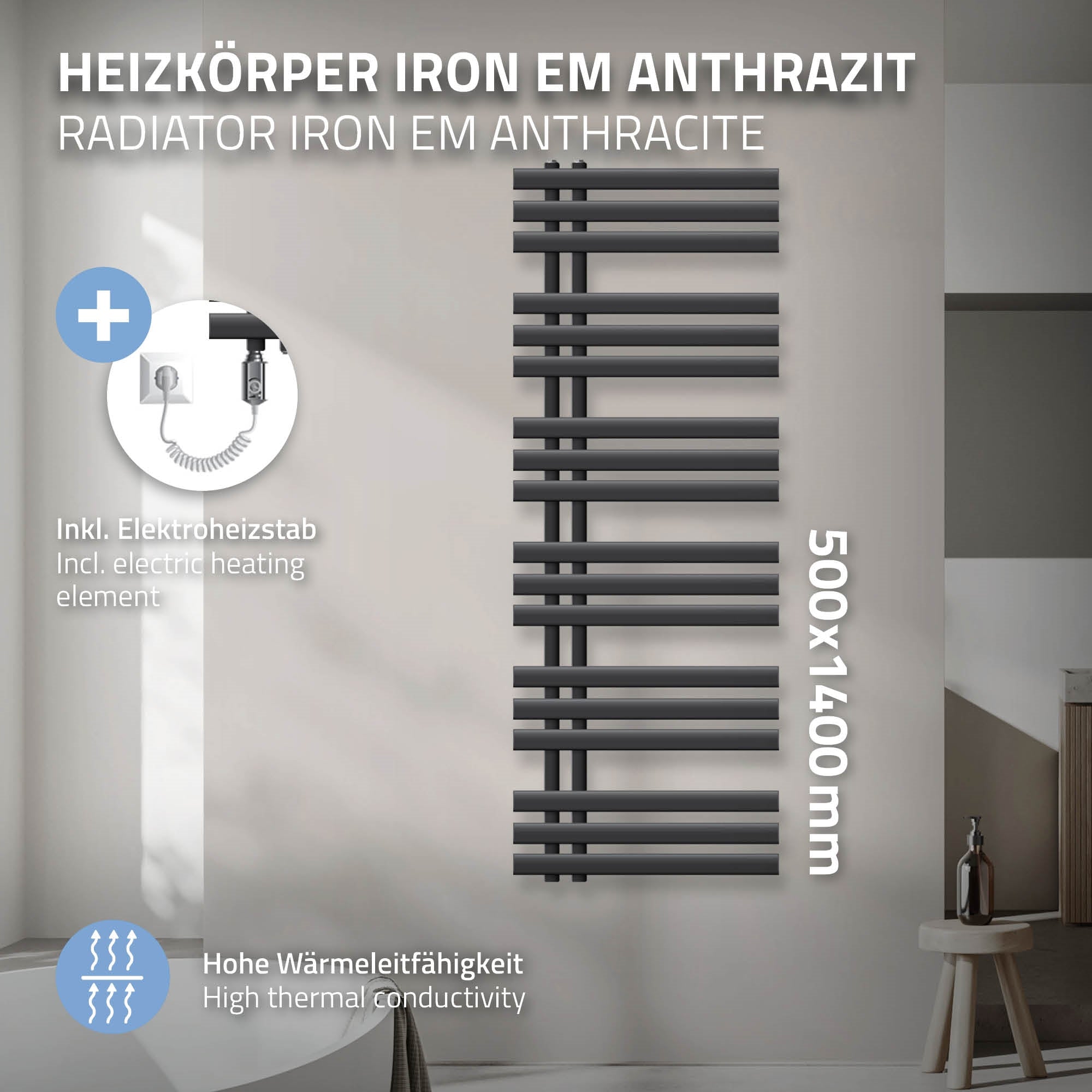 Heizkörper in Anthrazit mit hoher Wärmeleitfähigkeit und Elektroheizstab.