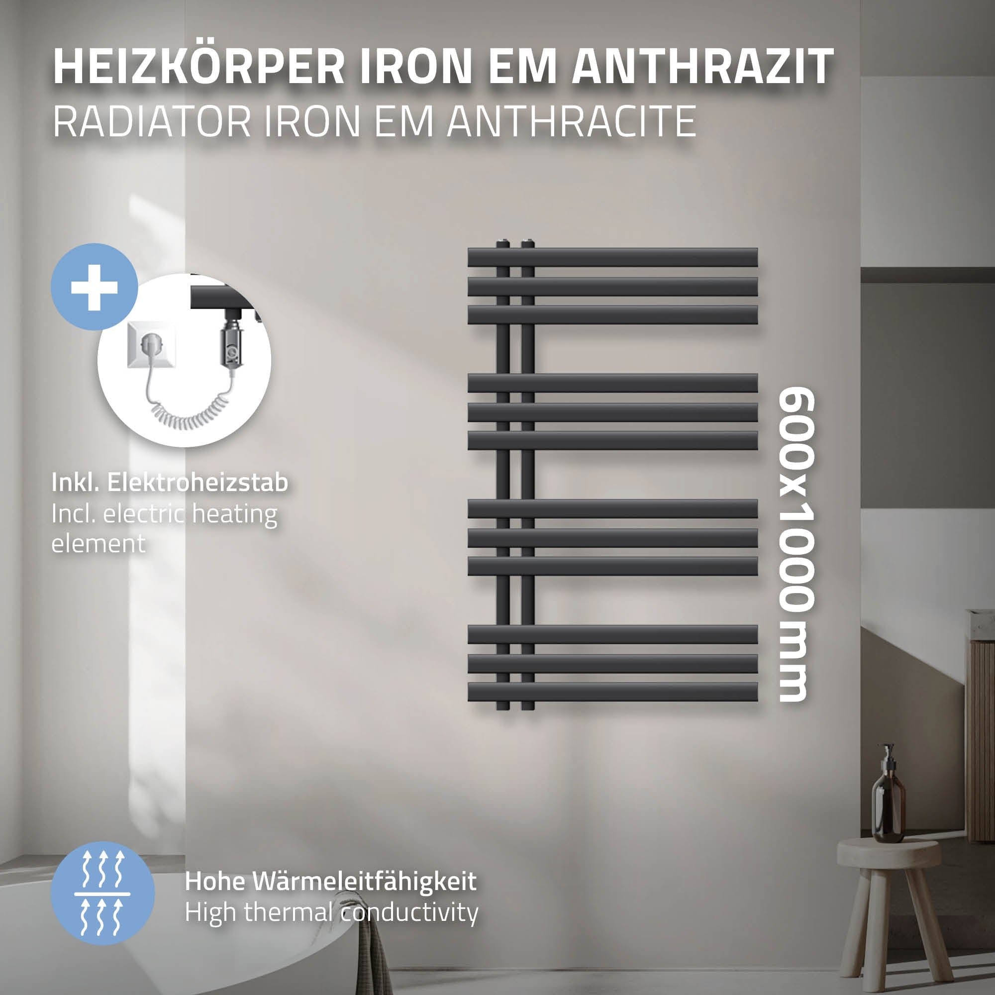 Anthrazitfarbener Heizkörper mit Elektroheizstab, 600x1000 mm.