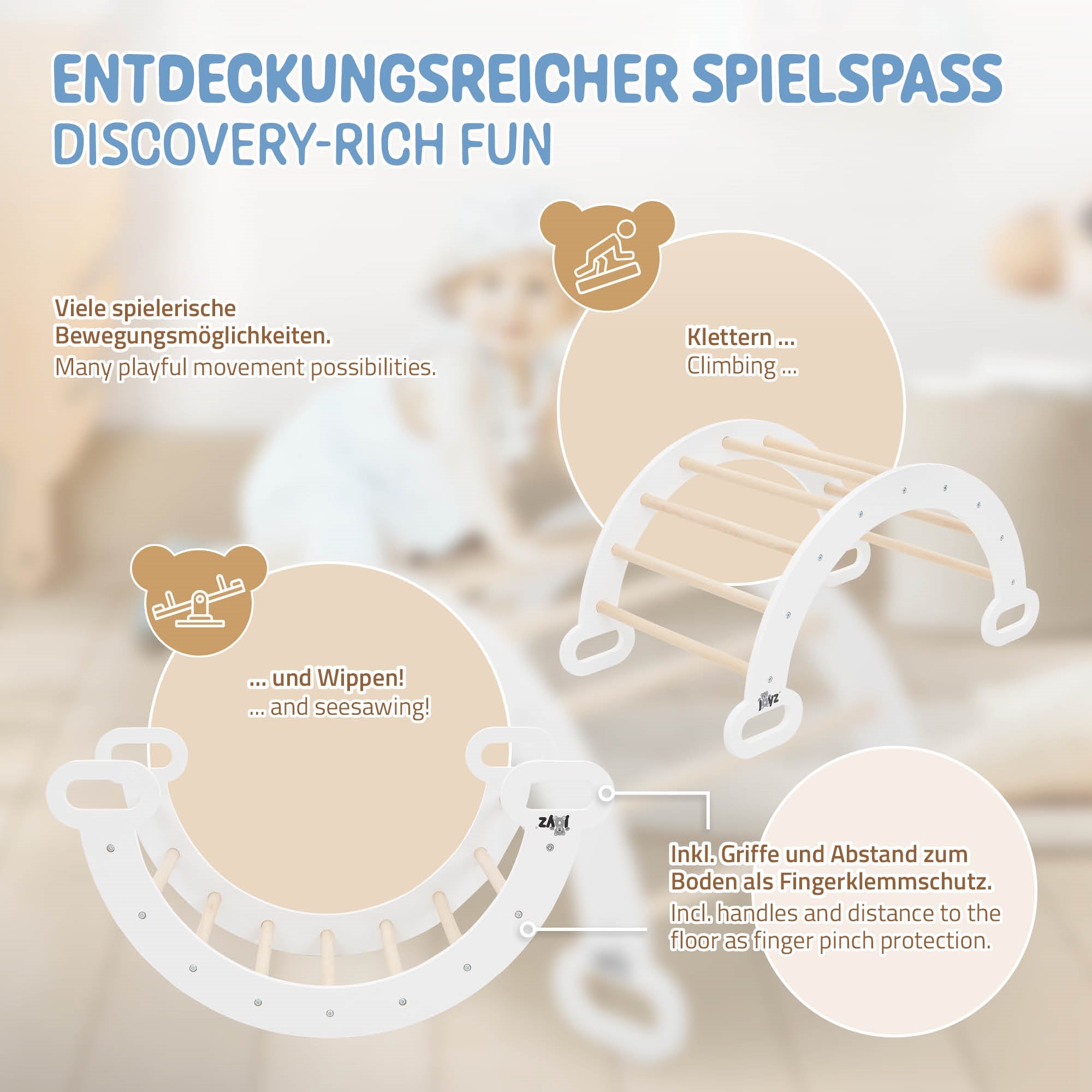 Spielgerät mit Kletterelementen und Sicherheitsmerkmalen.