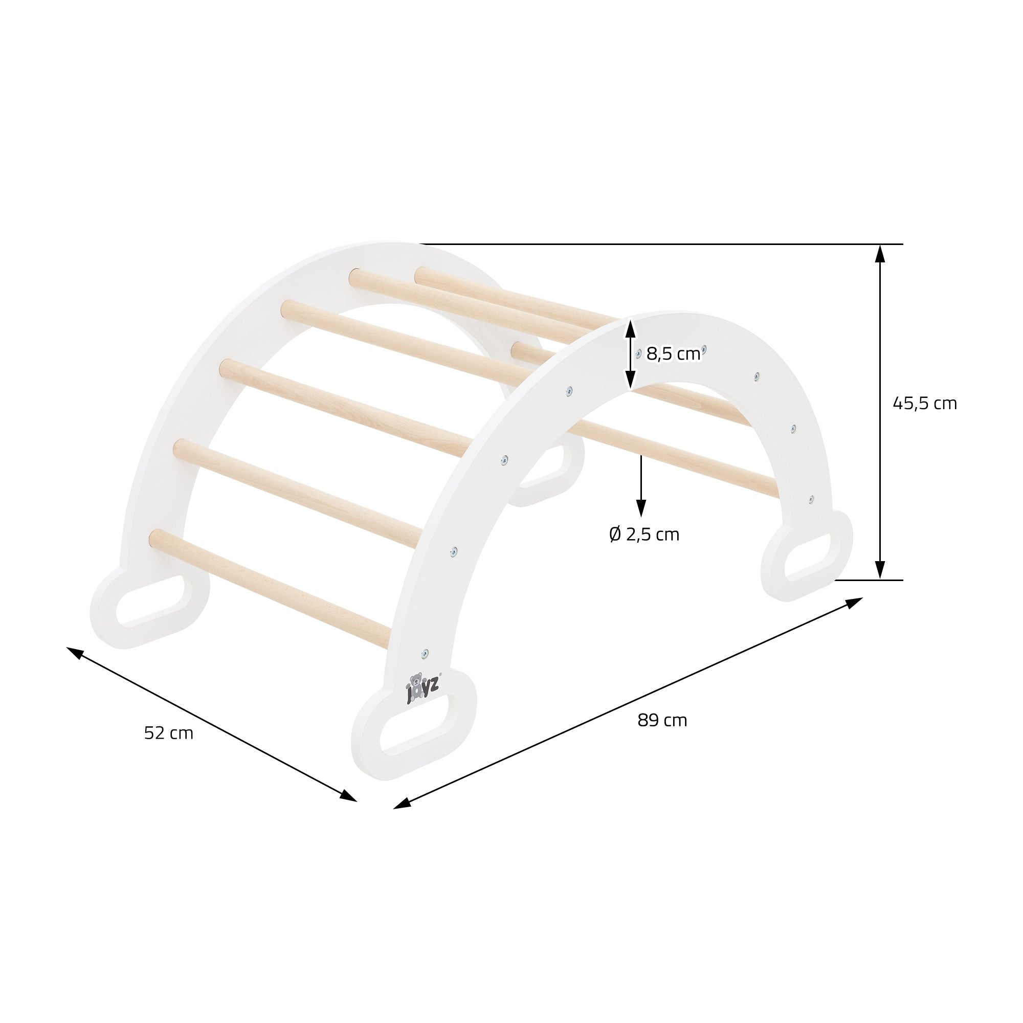 Holzspielgerät in Bogenform mit mehreren Sprossen.