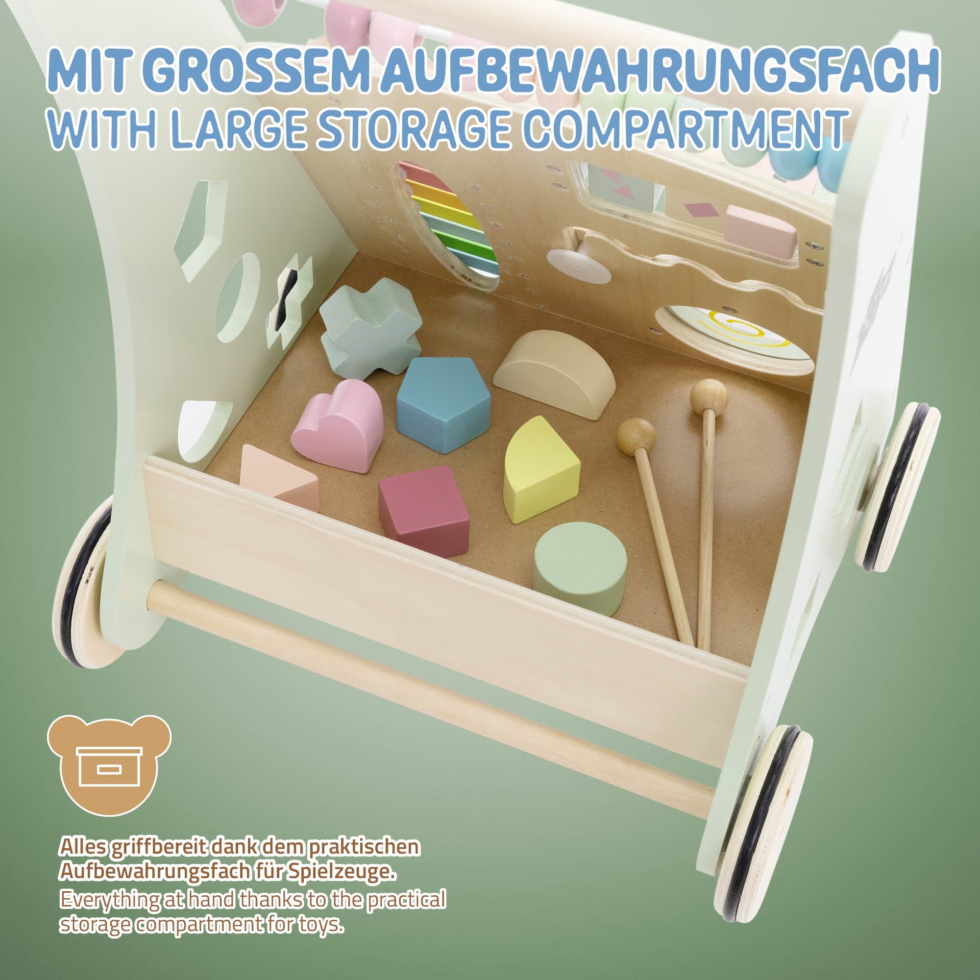 Holzspielzeug mit großem Aufbewahrungsfach und bunten Formen.