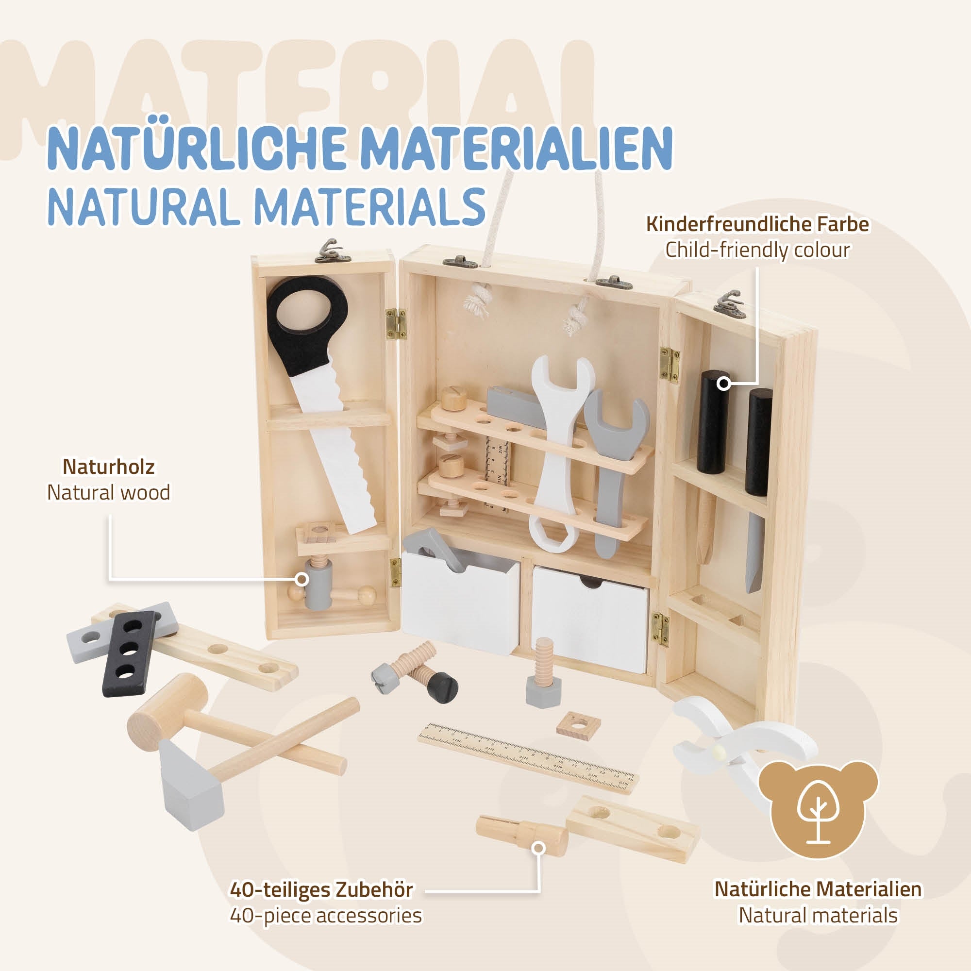 Trækasse med legetøjsværktøjer og tilbehør lavet af naturtræ.