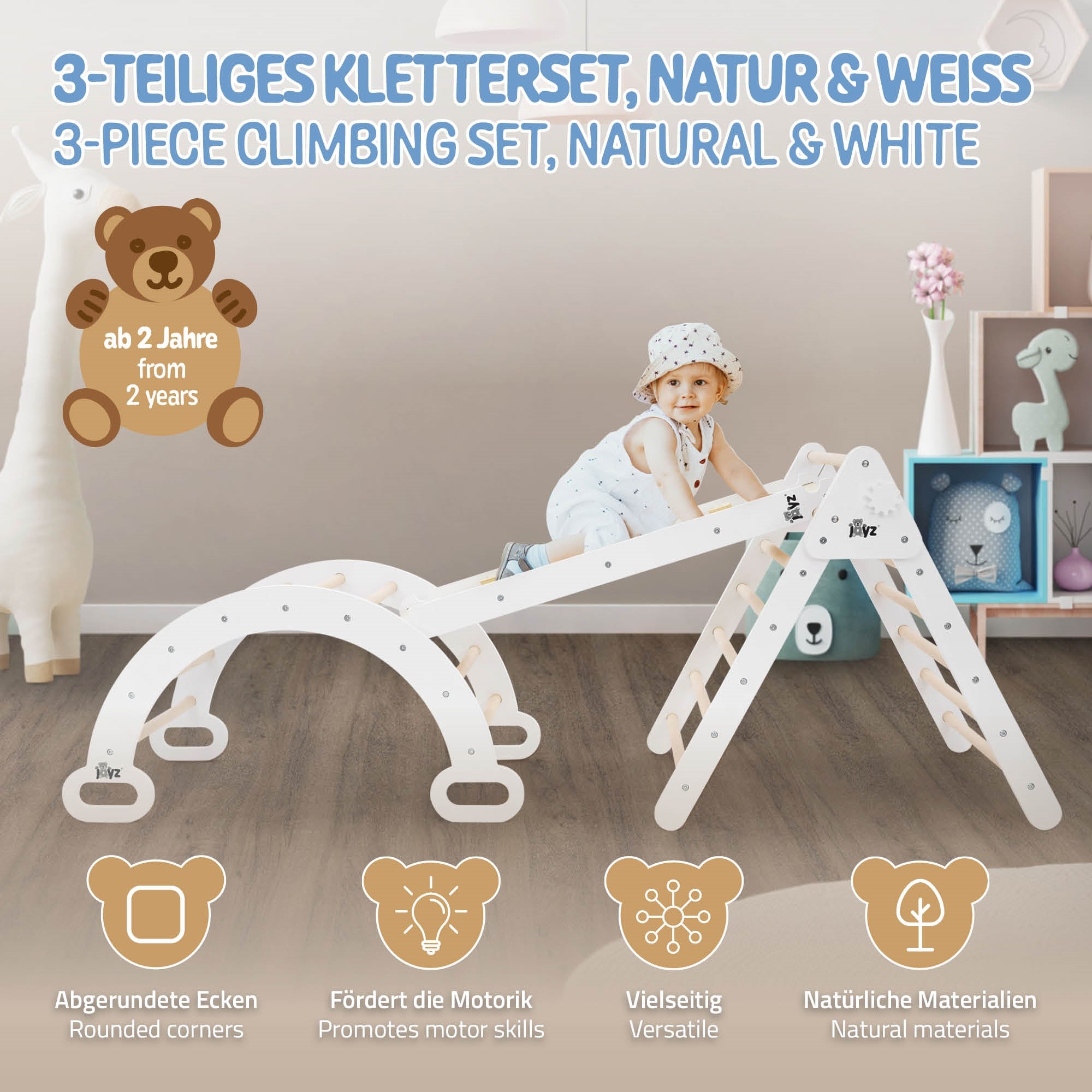 Juego de escalar de tres piezas en tonos naturales y blancos con un niño jugando.