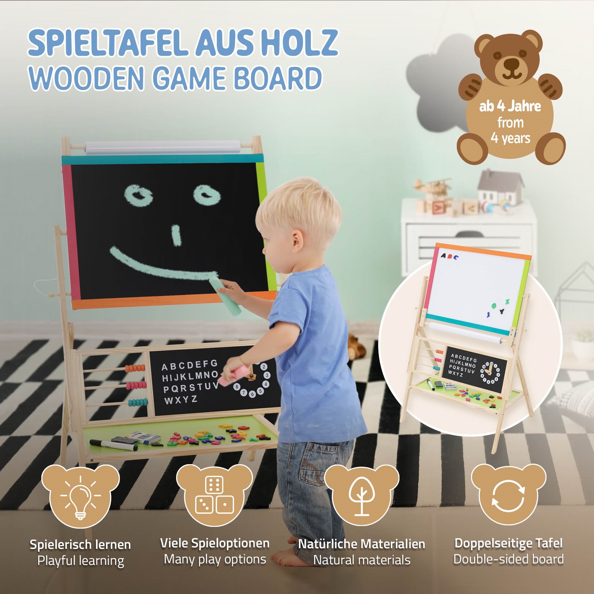 Un niño está frente a una tabla de juego de madera con lápices coloridos y materiales de juego.