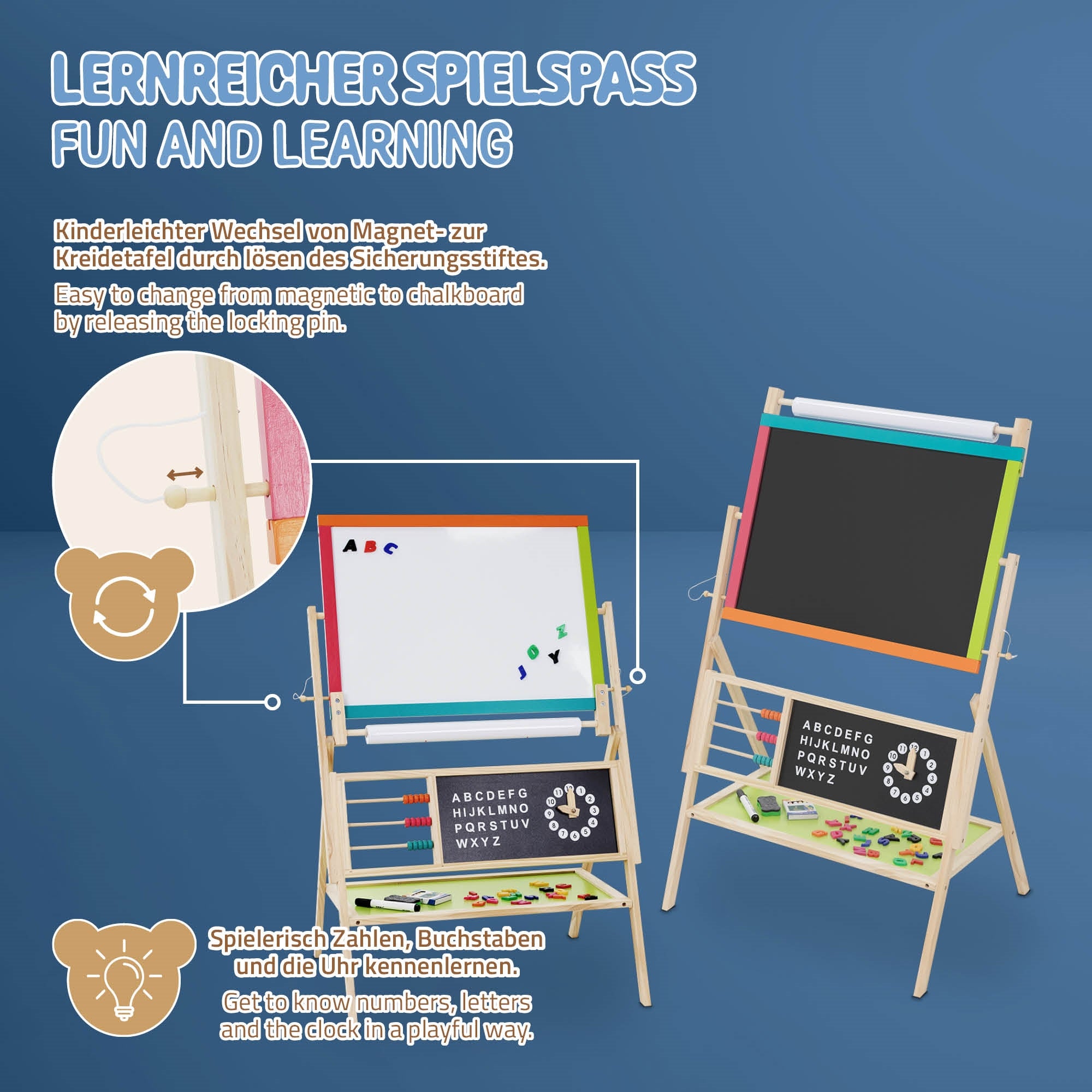 A play table with a board and magnets for children to learn.