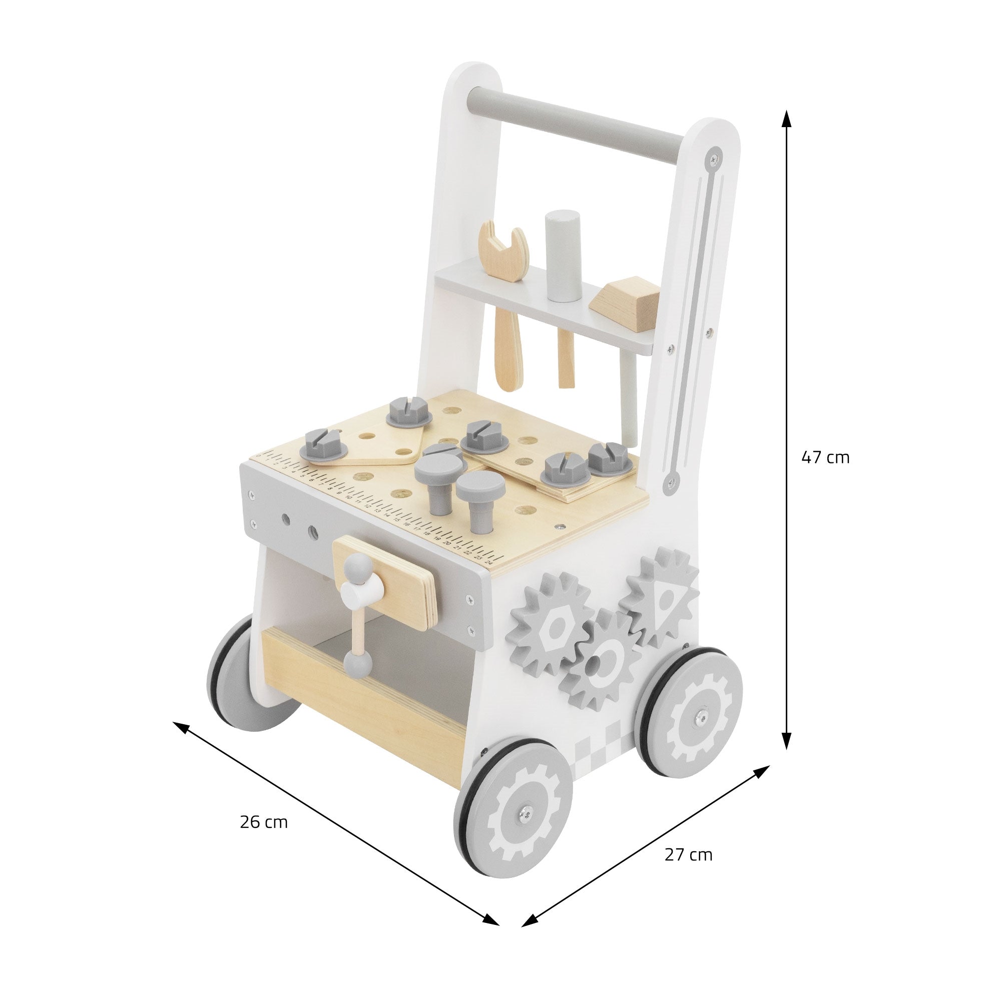 Jouet en bois avec des mesures, des outils et des engrenages sur un chariot.