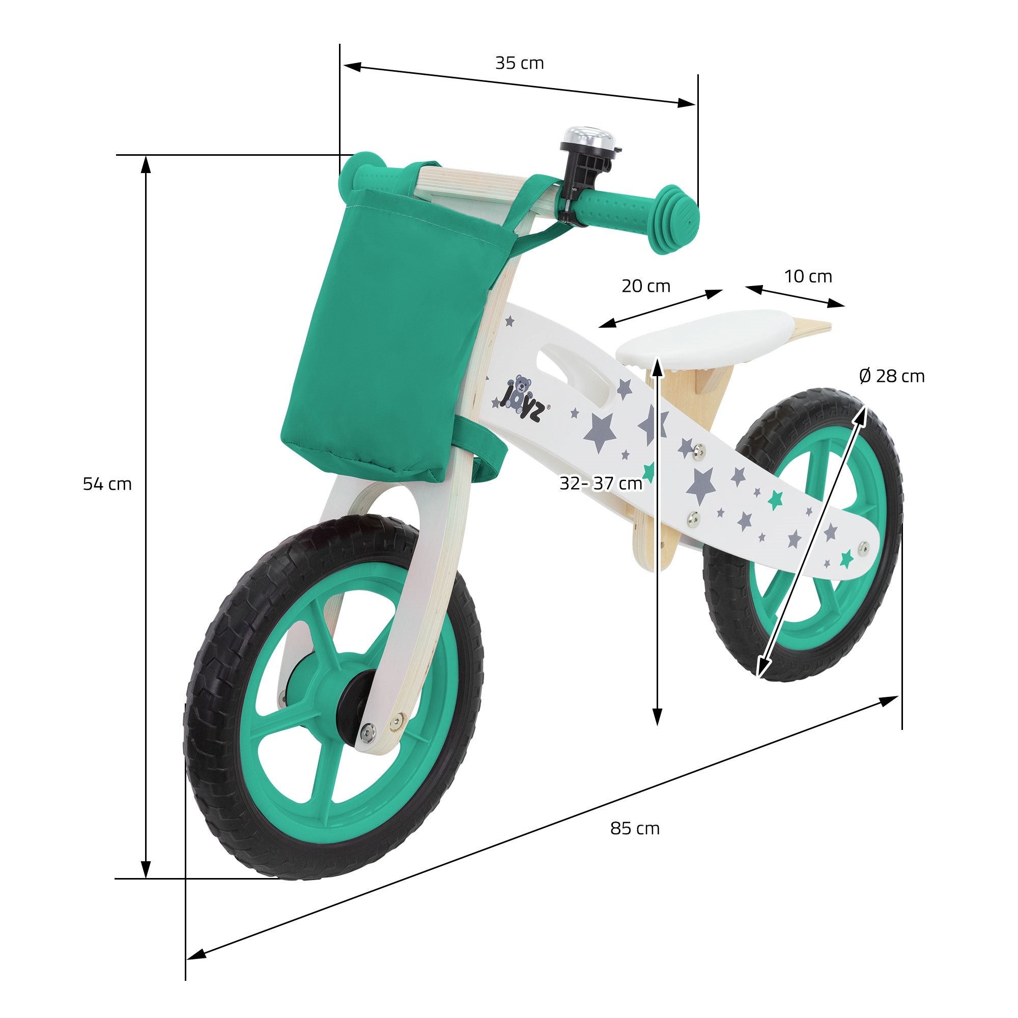 Måltegning af en børnecykel med dimensioner i cm.