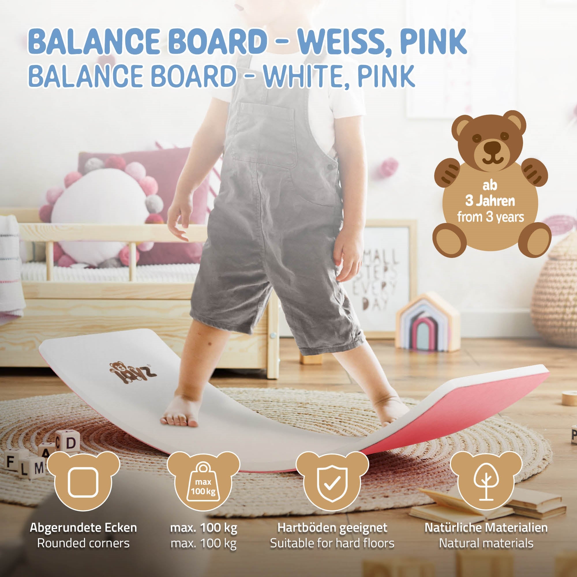 Tabla de equilibrio en blanco y rosa, un niño está de pie sobre ella, esquinas redondeadas.
