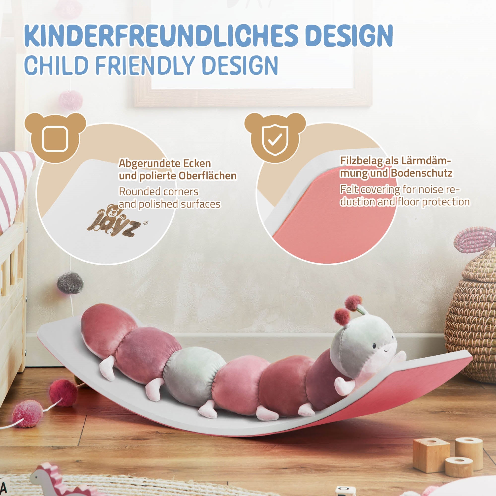 Seesaw in the shape of a worm, with colorful cushions and child-friendly design.