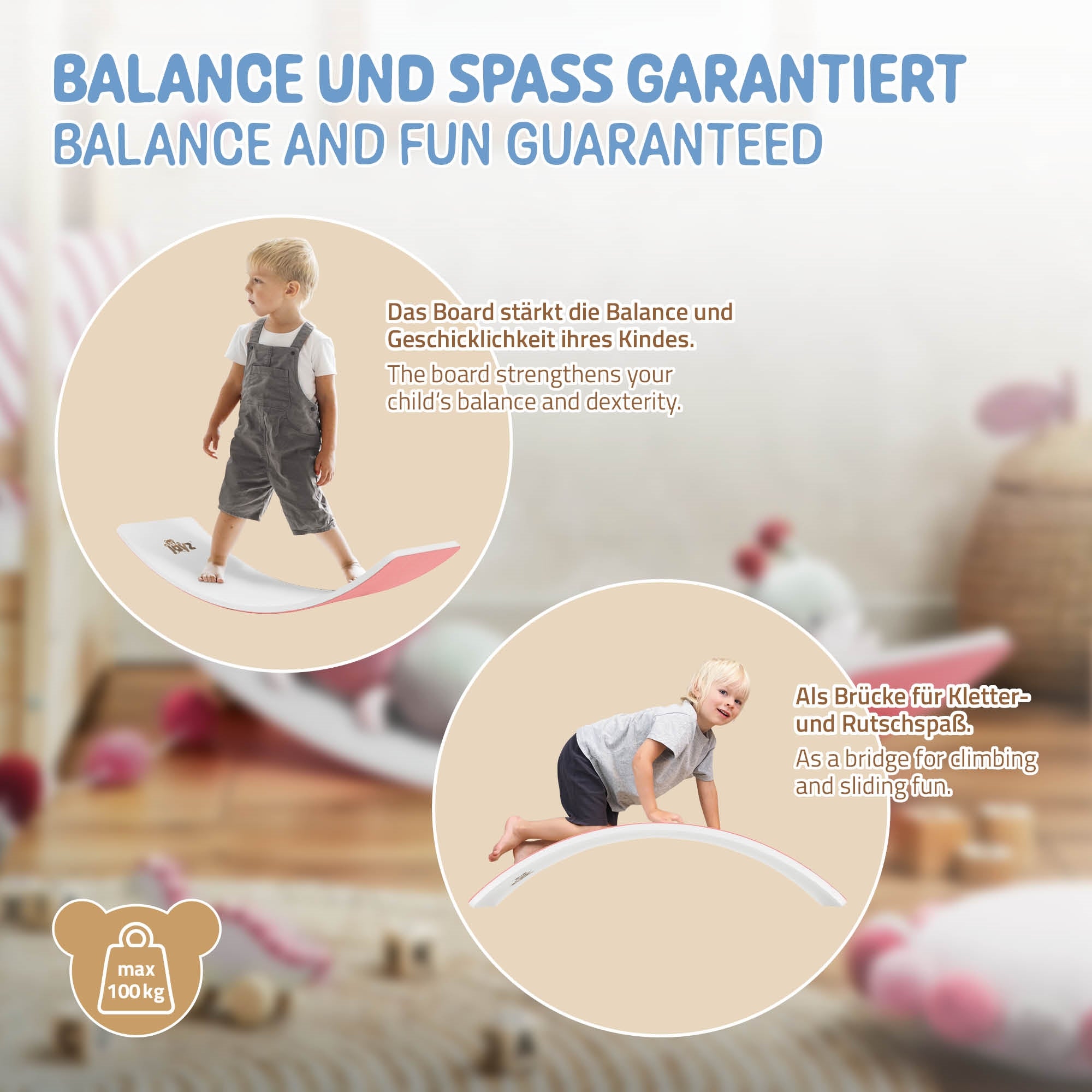 Child on a balance board that promotes balance and dexterity.