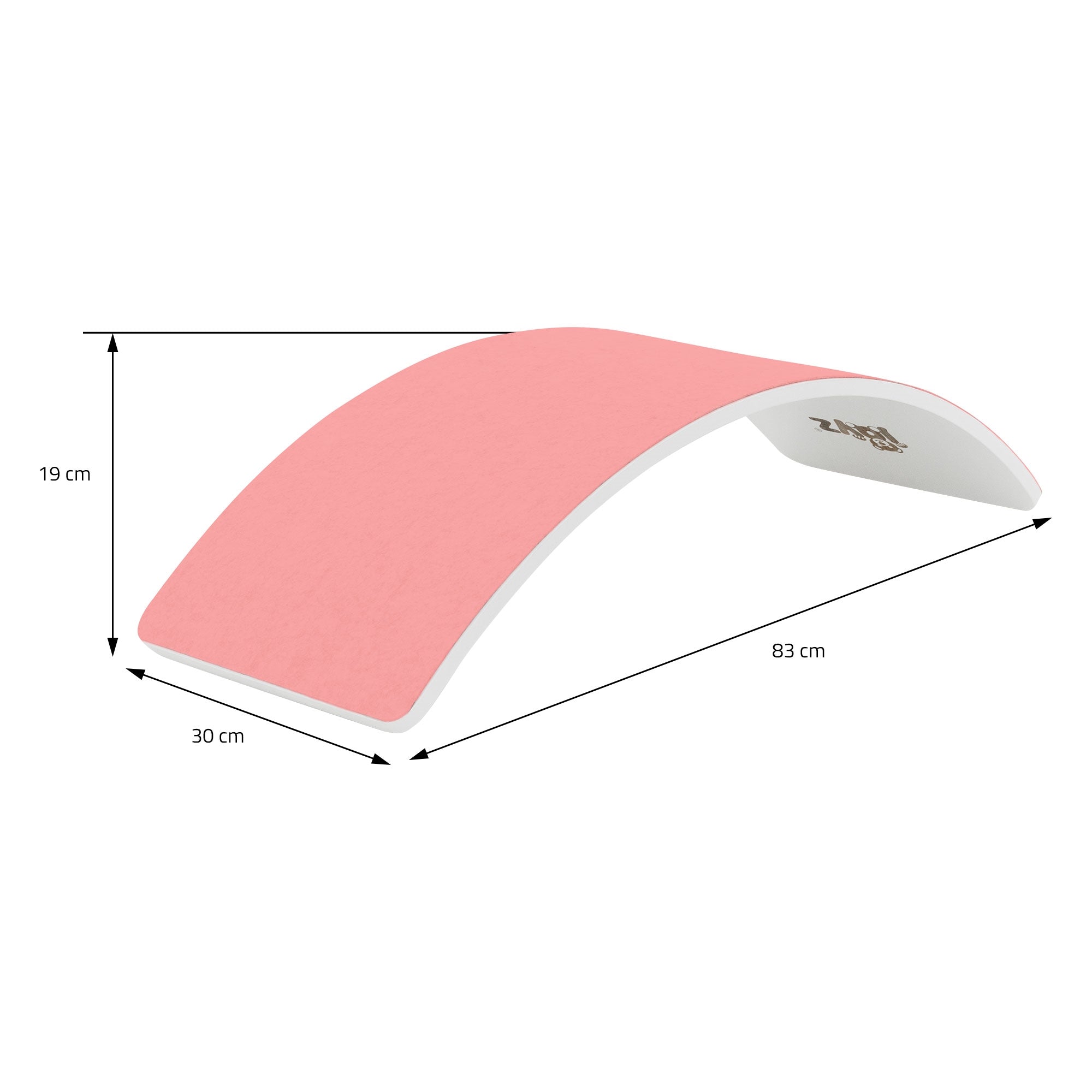 Dimension drawing of an arch play device in pink.
