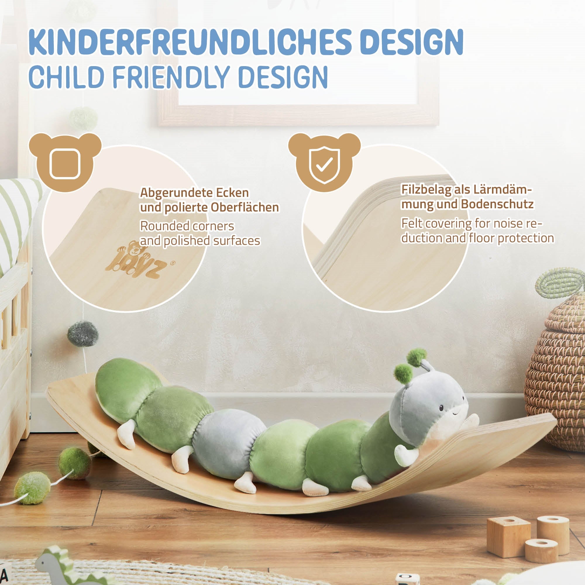 Holzspielzeug mit abgerundeten Ecken und einem Plüschtier in Form einer Raupe.