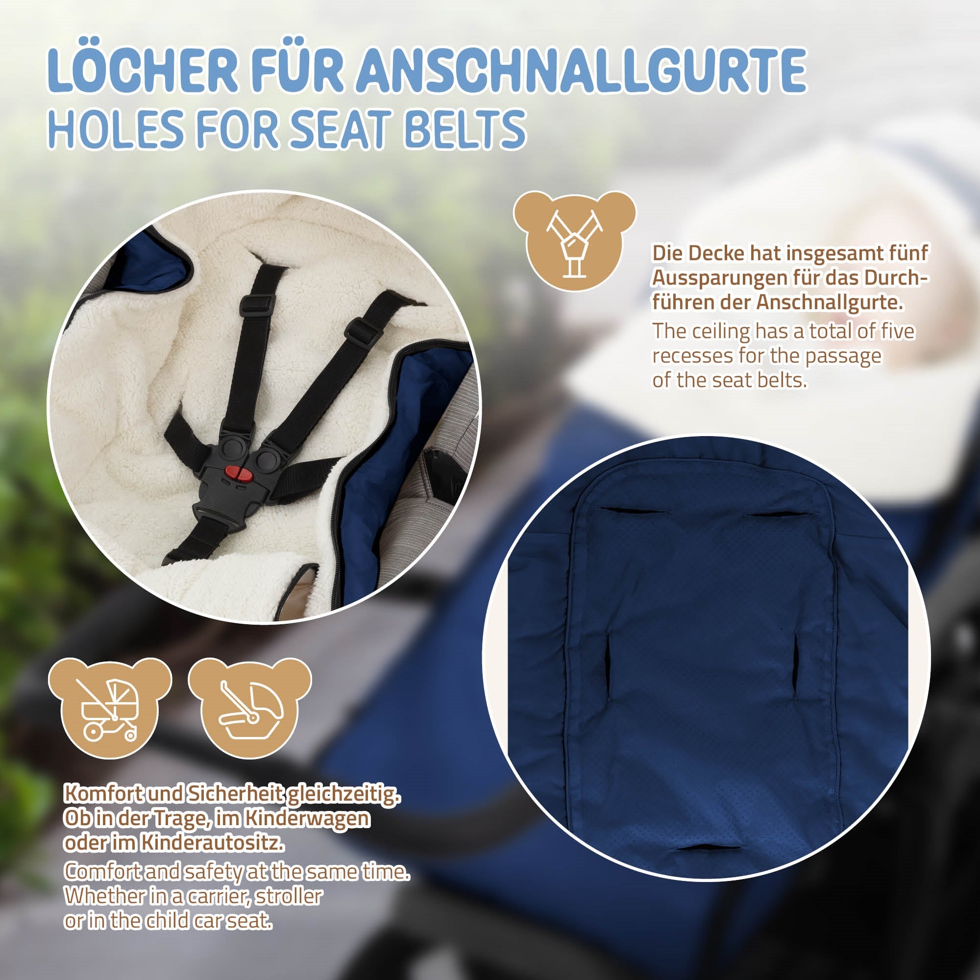 Vue détaillée des fentes de ceinture dans le sac de couchage pour bébé bleu.