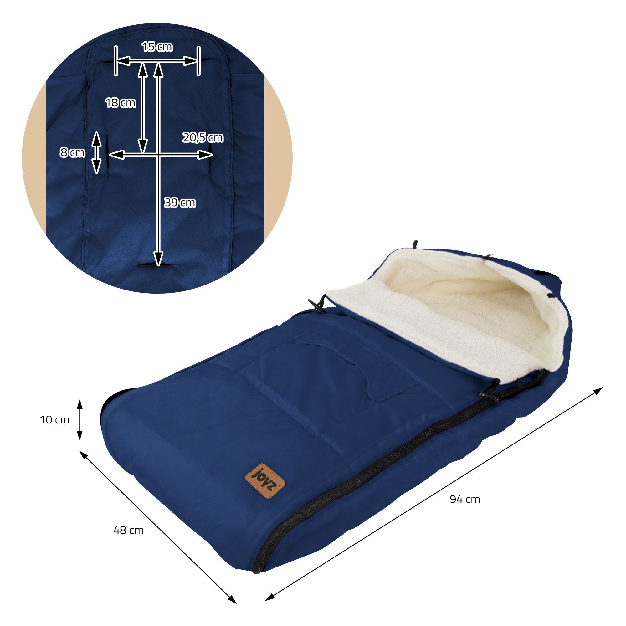 Dessin technique d'un sac de couchage pour bébé bleu avec doublure et fermeture éclair.