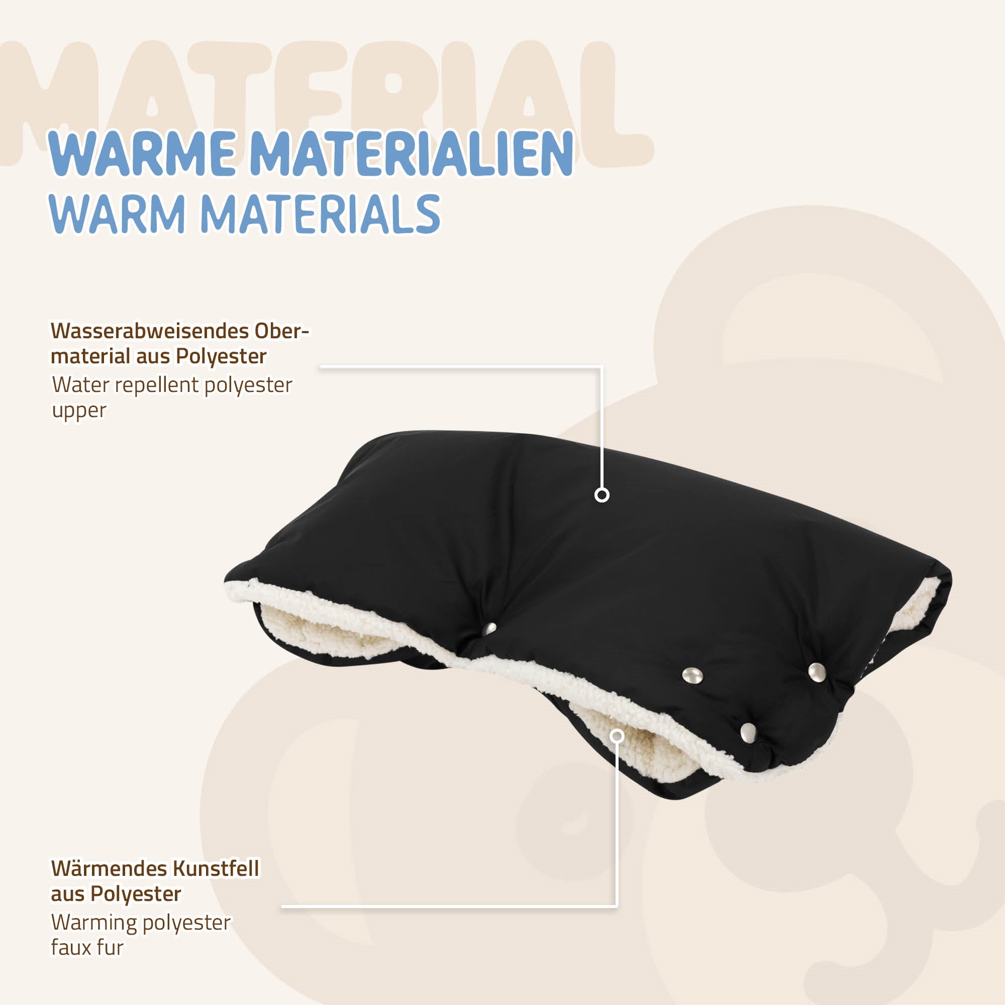 Black, water-repellent outer materials with warm faux fur.
