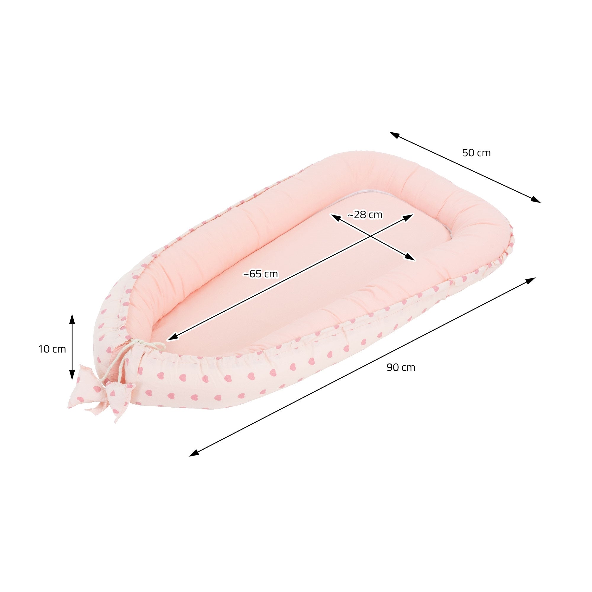 Maße eines Nestes: 90 cm lang, 50 cm breit, 10 cm hoch, in rosa mit Punkten.