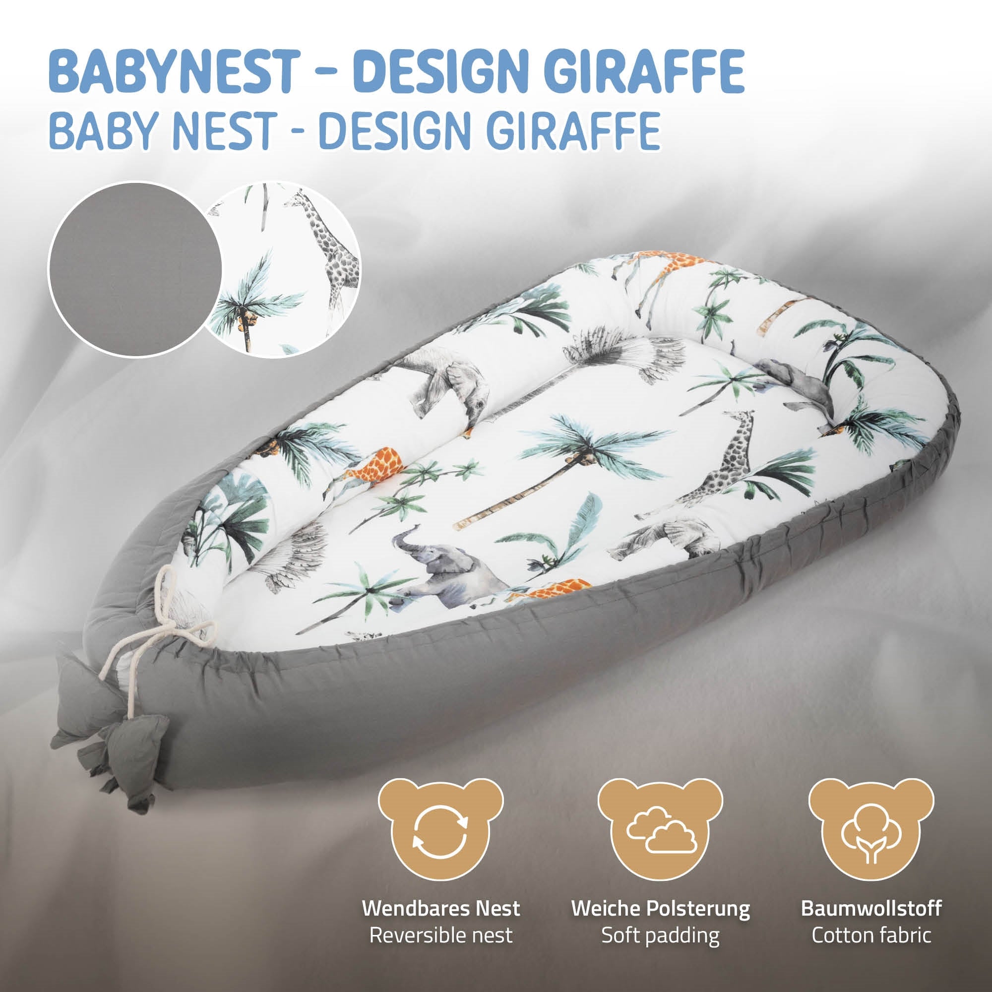 Babyseng i giraffedesign, blød polstring, lavet af bomuldsstof.