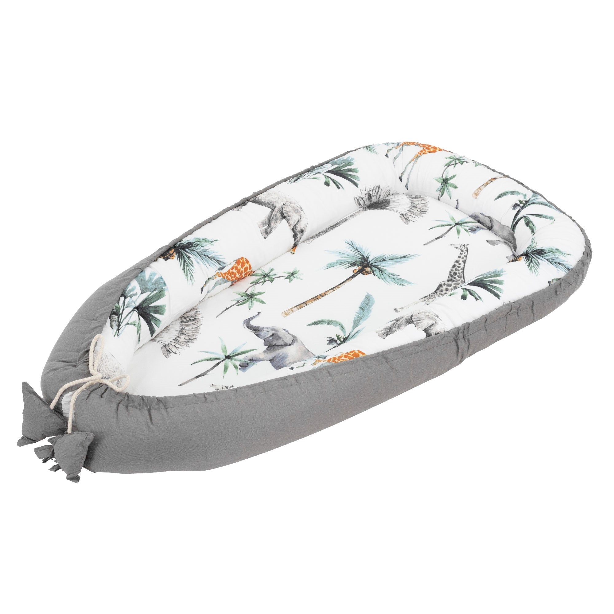 Babynest med dyremotiver, omgivet af palmer og en grå kant.