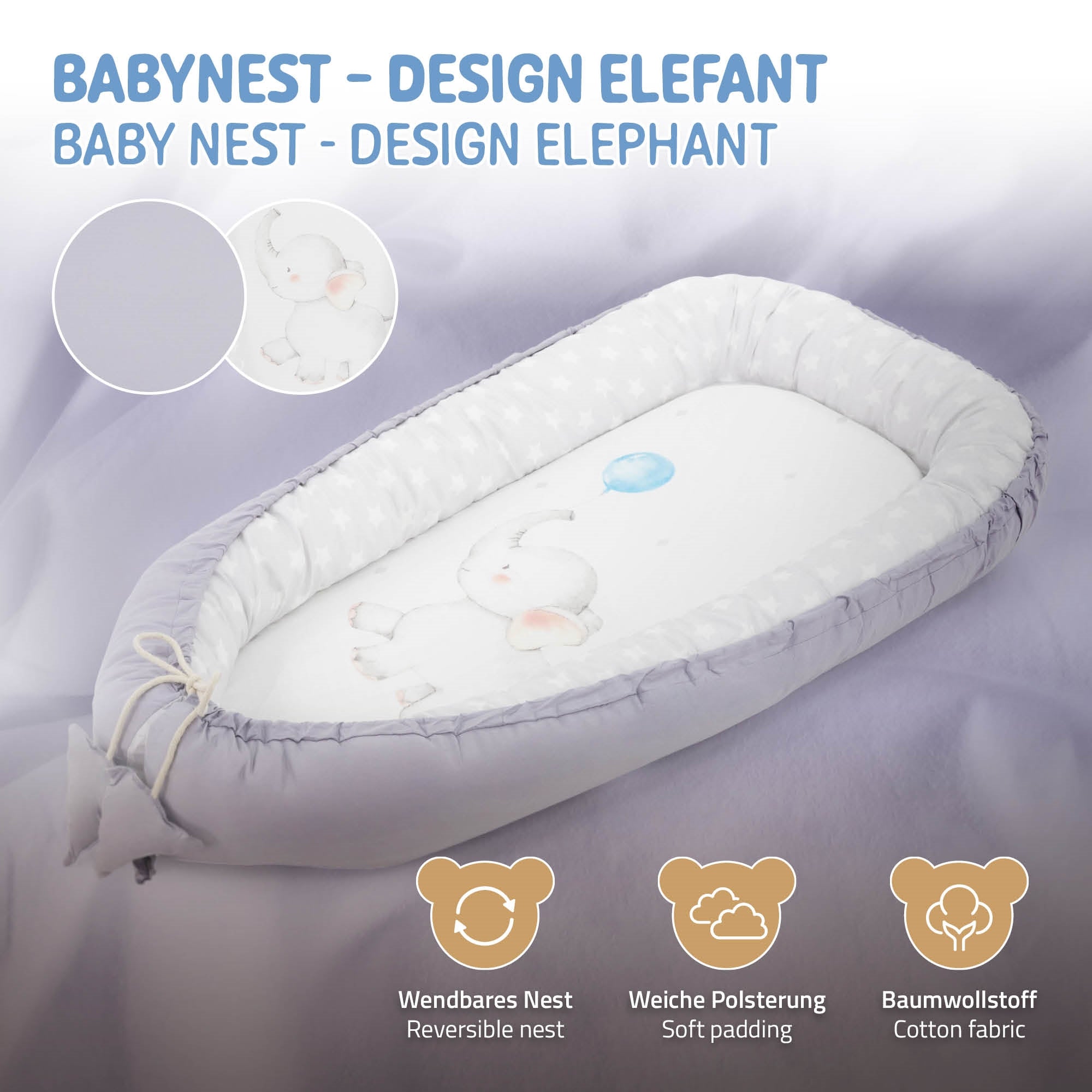 Letto per bambini in design elefante, imbottitura morbida, in tessuto di cotone.