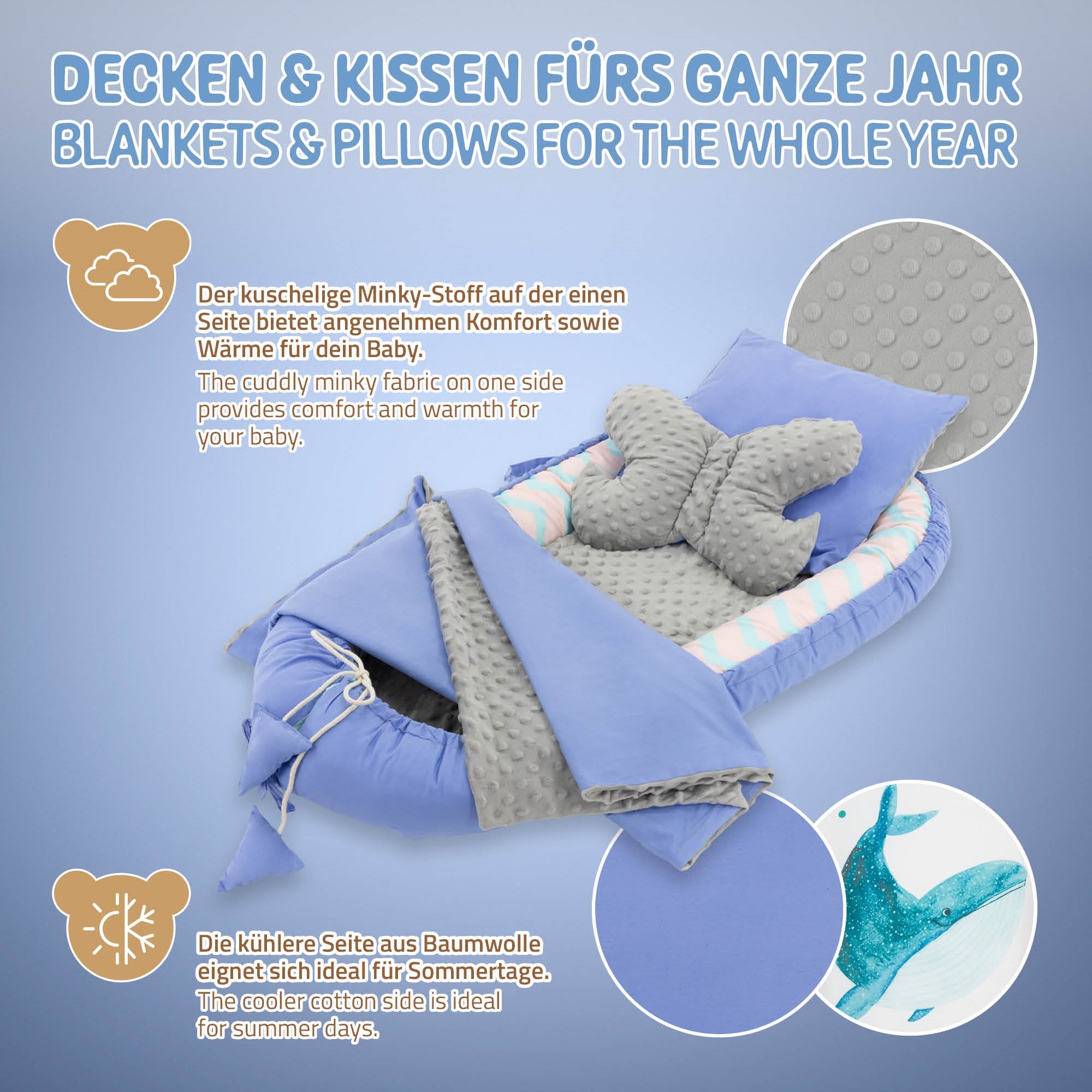Decken und Kissen aus Minky-Stoff und Baumwolle für ganzjähriger Nutzung.