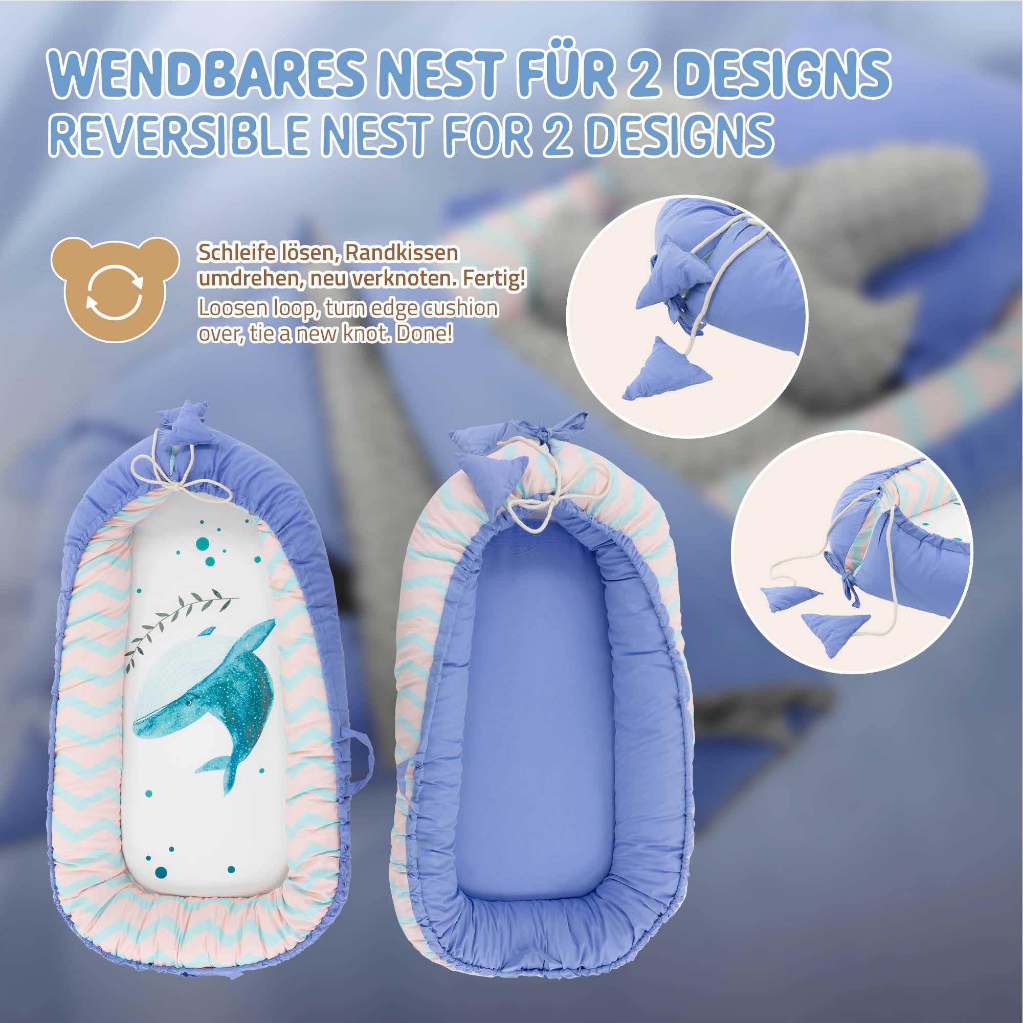 Wendbares Nest in Blau und Weiß mit einem Wal-Muster und zwei Designs.