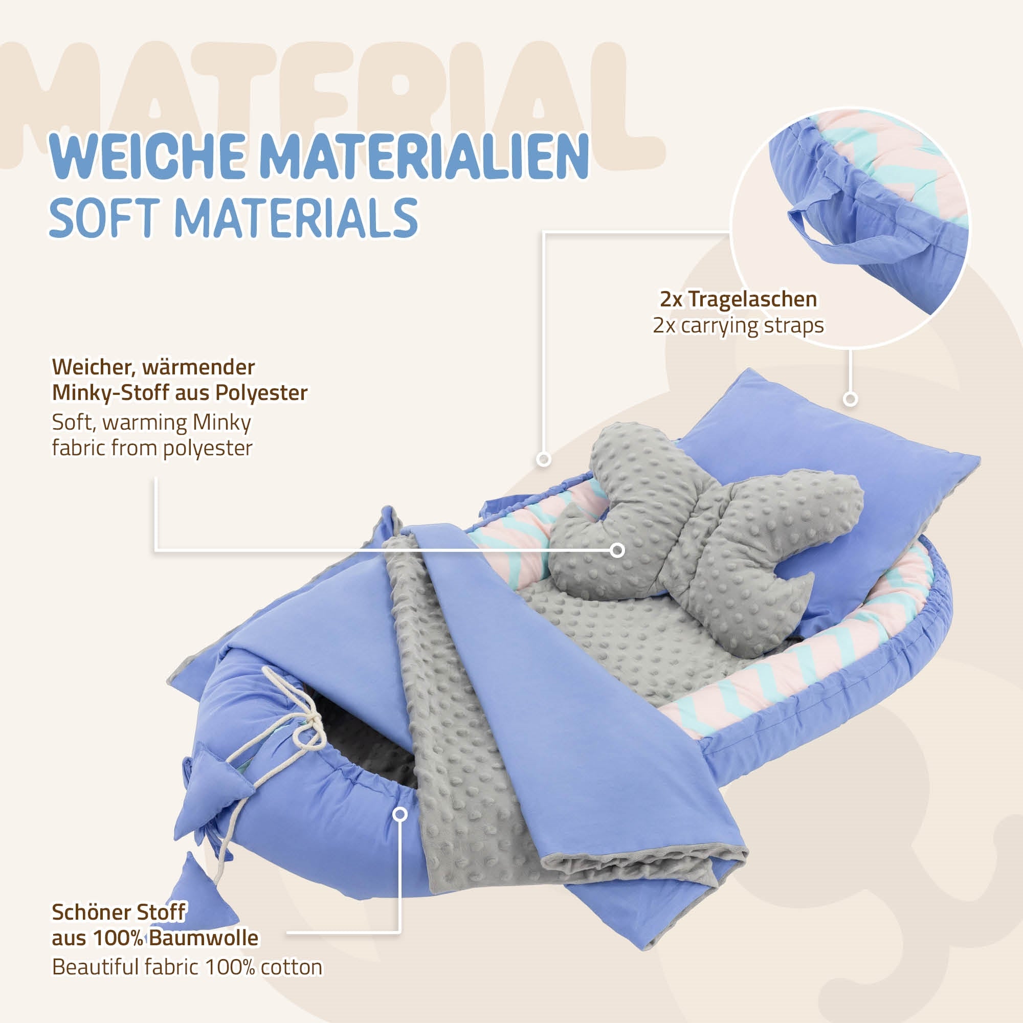 Weiches Minky-Stoff-Babybett in Blau mit Kissen und Decke.