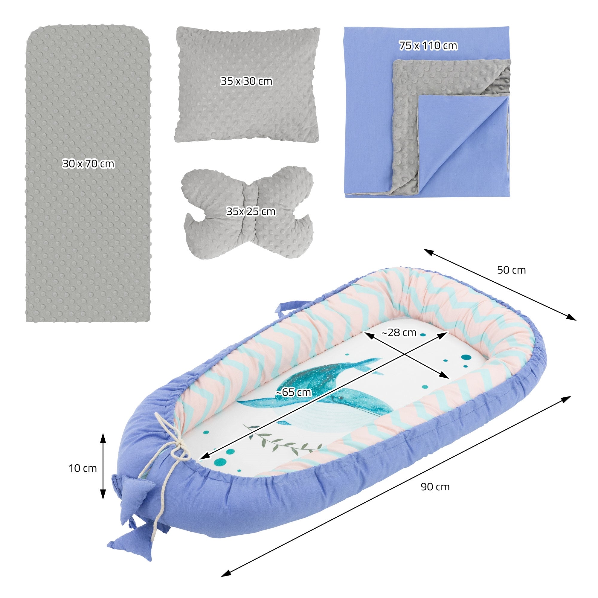 Set mit Nest, Kissen und Decke in Blau mit Vogel-Muster.