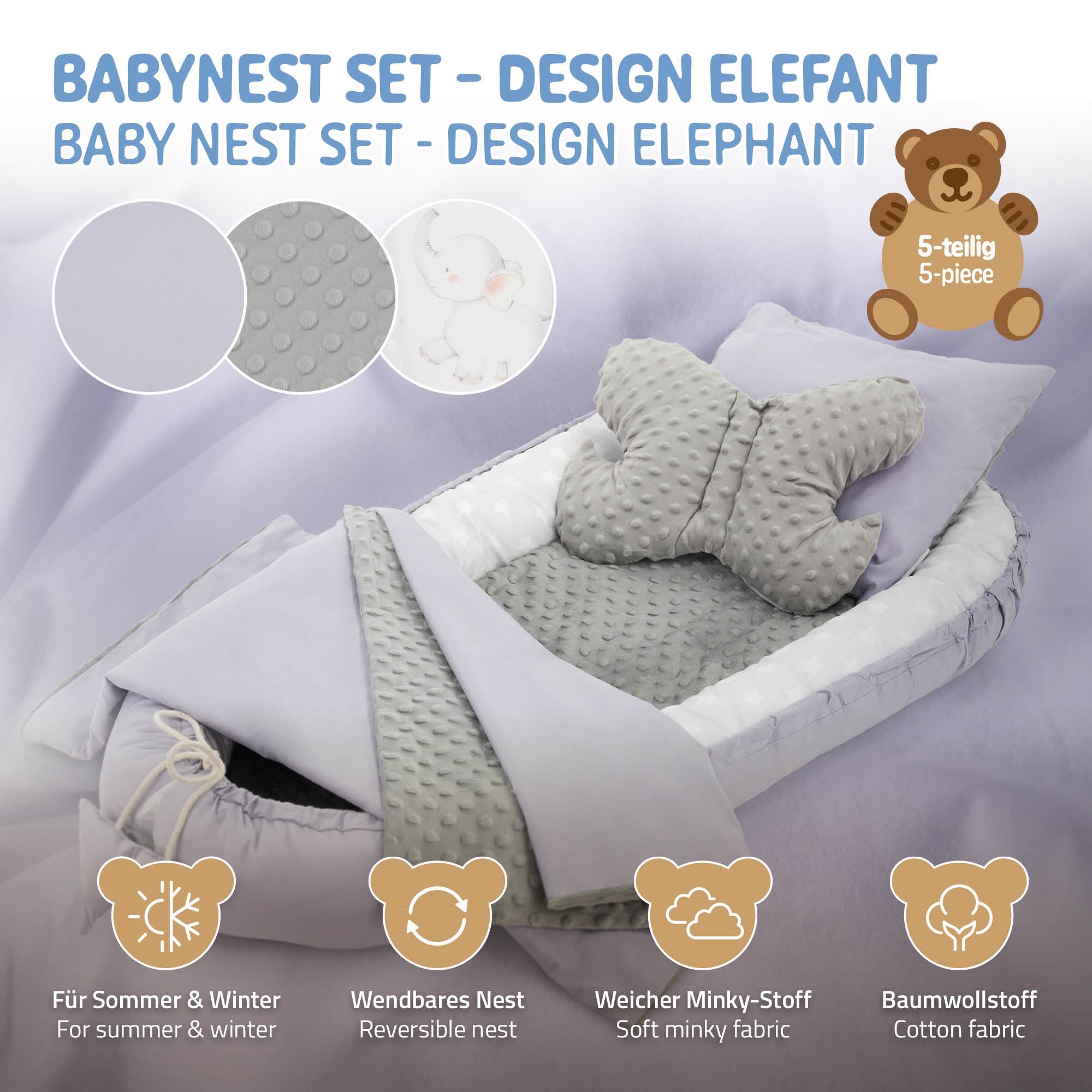 Baby Nest Set in grau und mint mit Kissen und Decke, 5-teilig.