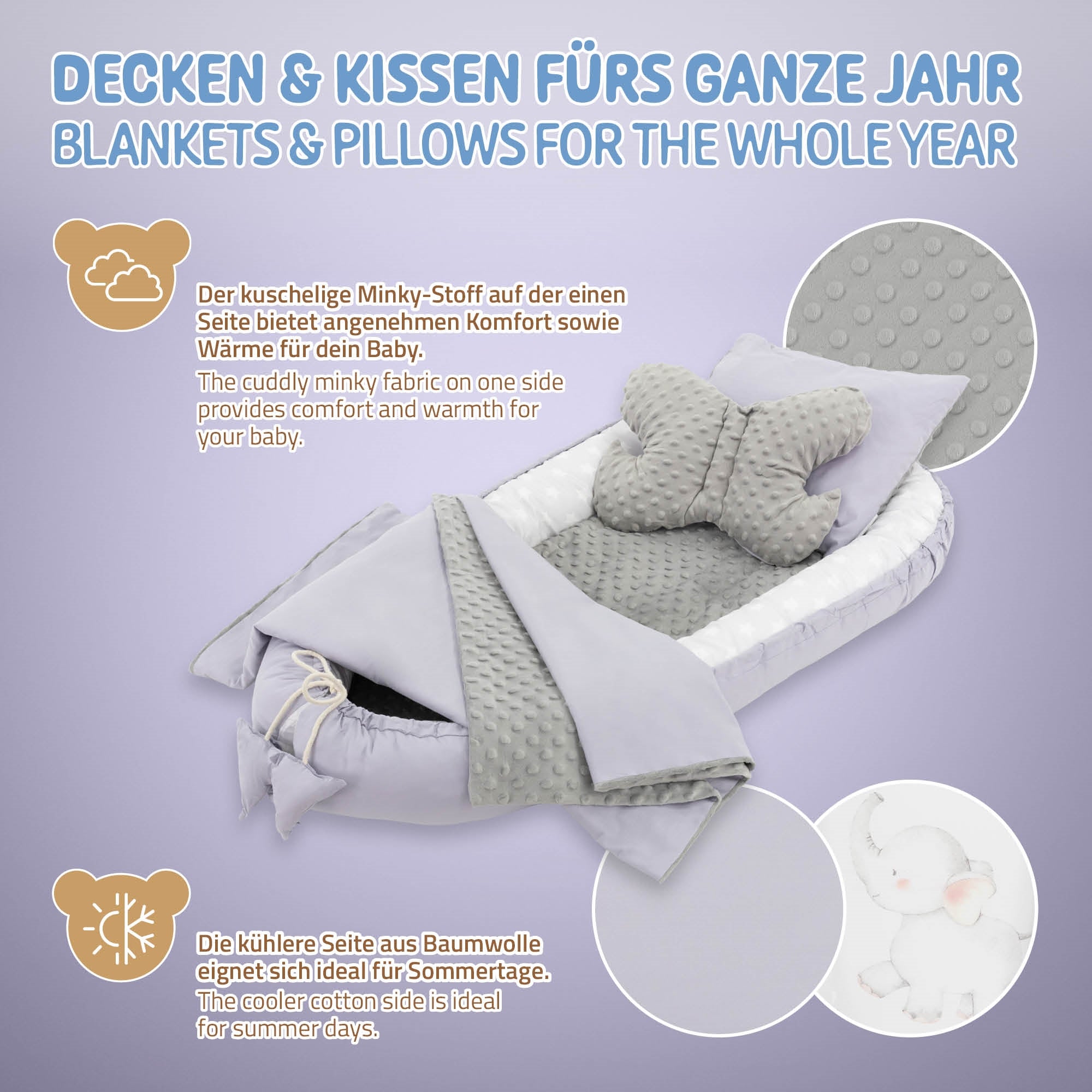 Ein Set aus Decken und Kissen in Grau und Weiß für Babys.