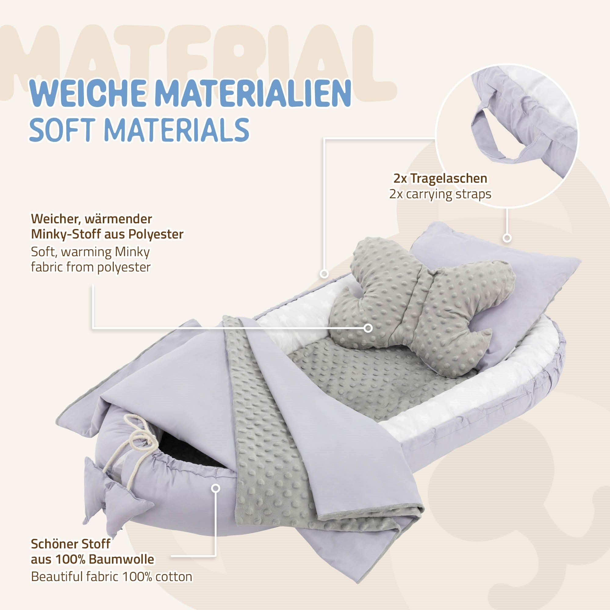 Ein weiches Babybett mit einer Decke und einem Kissen in sanften Farben.