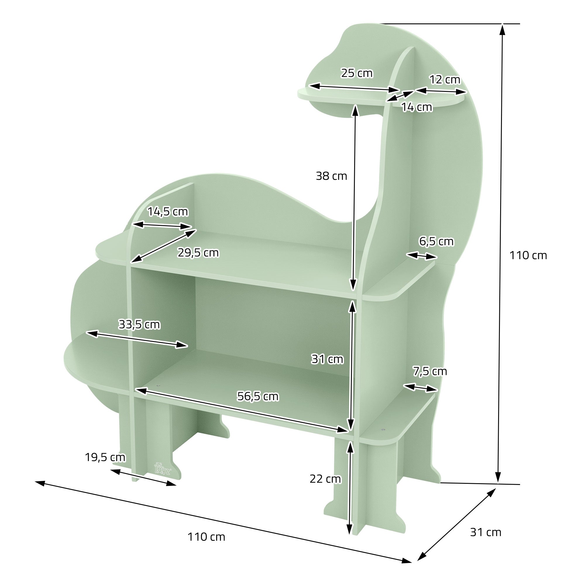 Une étagère en forme de dinosaure avec des dimensions et des compartiments.